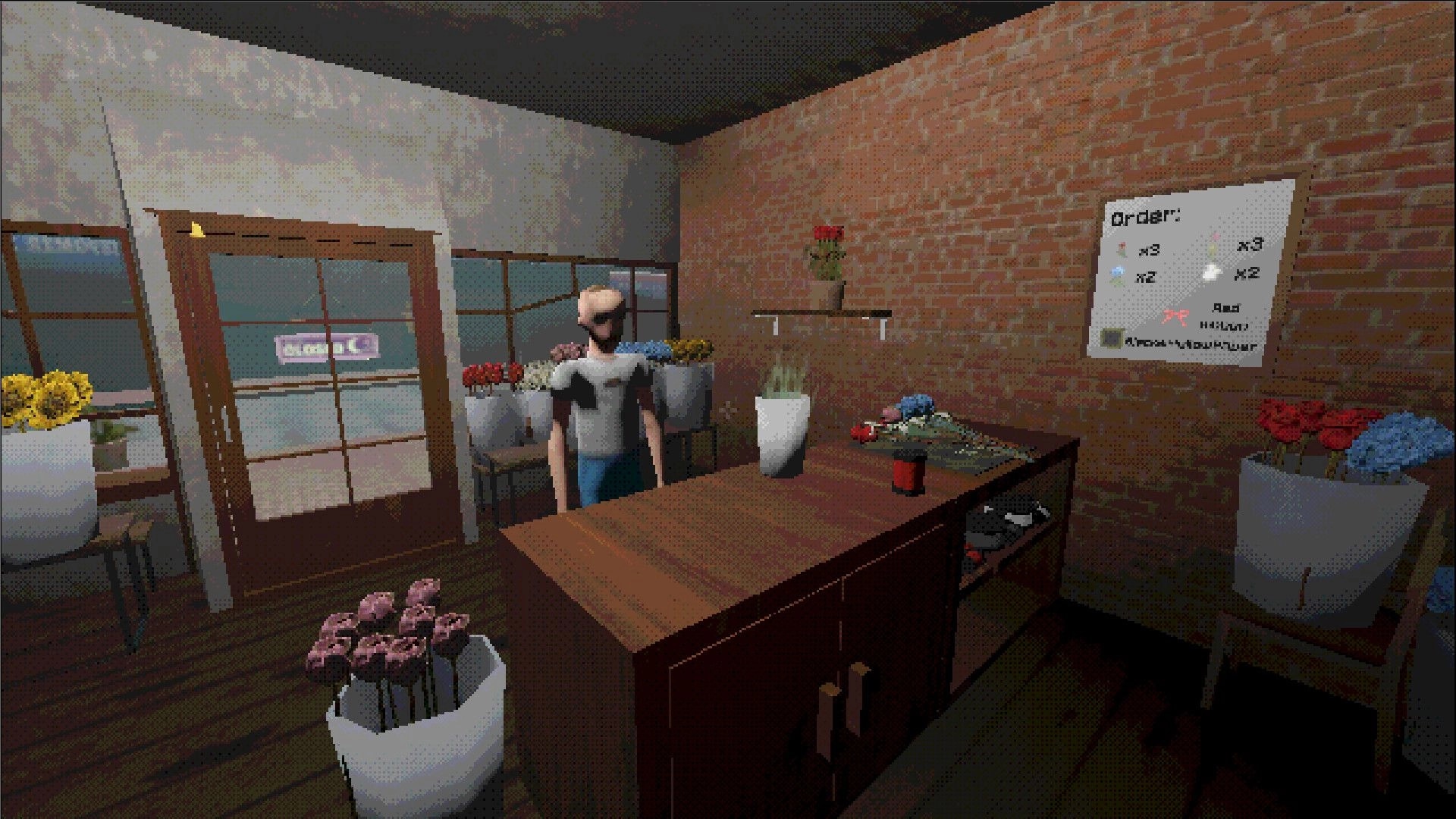 My Lovely Flower: Person in flower shop preparing bouquets with order list on brick wall
