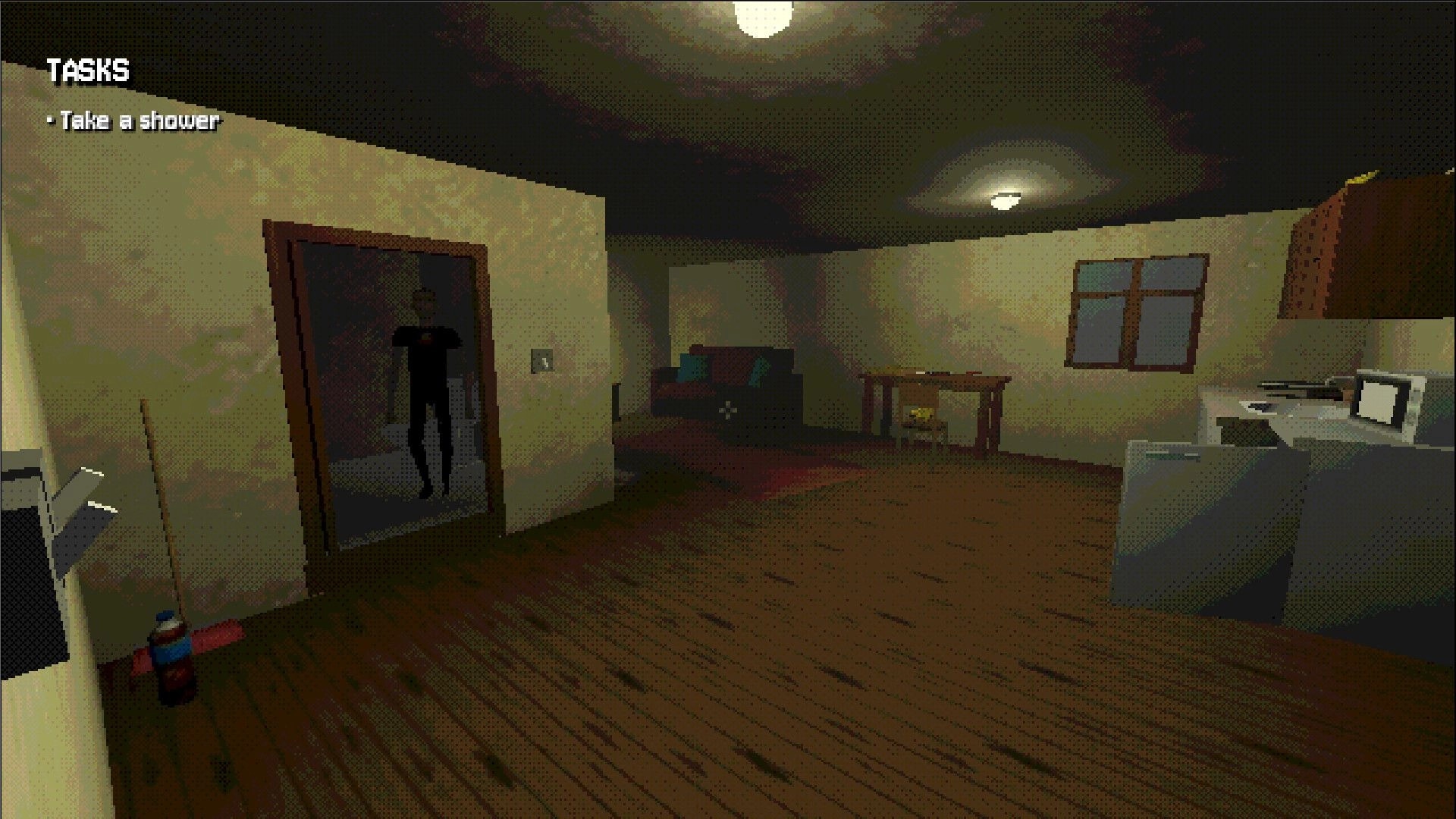 My Lovely Flower: Dimly lit room with a task list to take a shower and shadowy figure in doorway