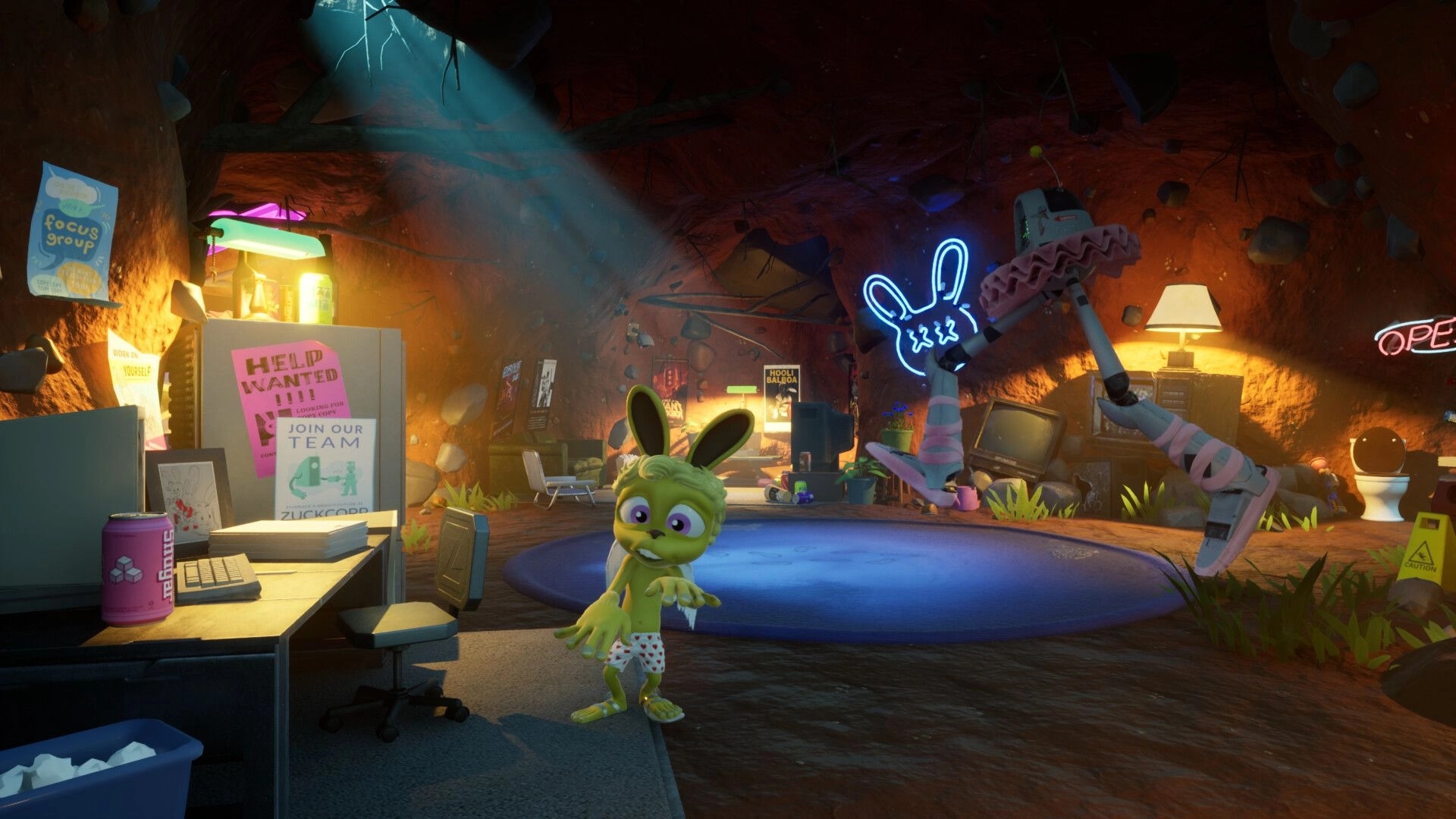 My Pet Hooligan: Bunny-eared hooligan in boxers in neon-lit cave hideout with desk and robot legs.