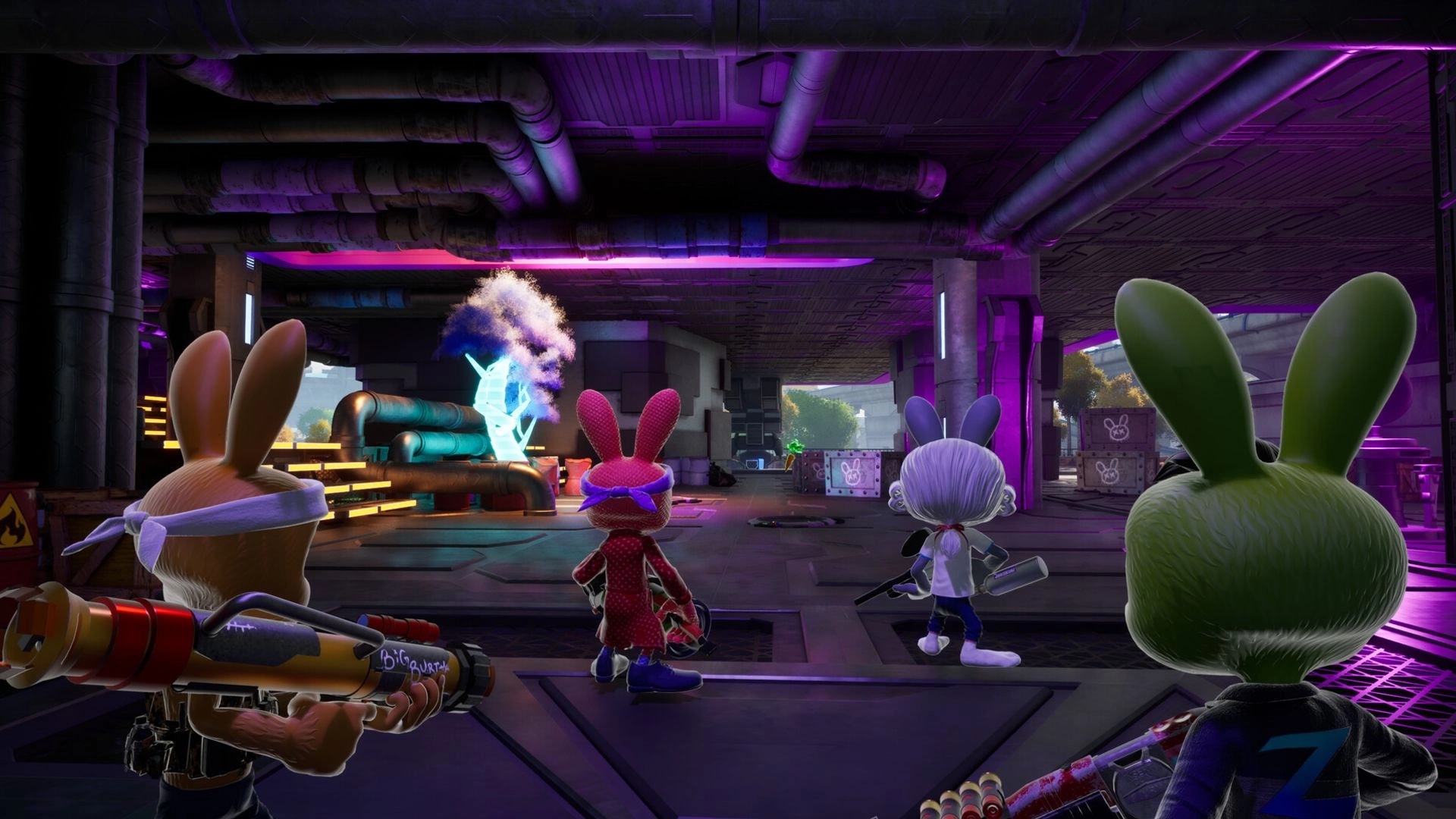 My Pet Hooligan: Four bunny rebels aim weapons at a glowing hologram in a neon-lit factory room.