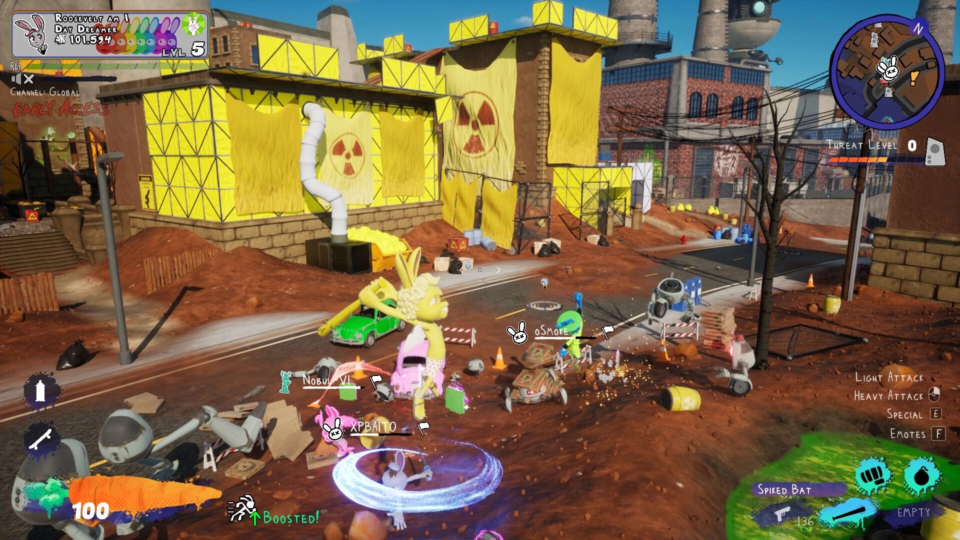 My Pet Hooligan: Co-op bunnies battle drones on a dusty street beside a yellow hazard-wrapped factory site.