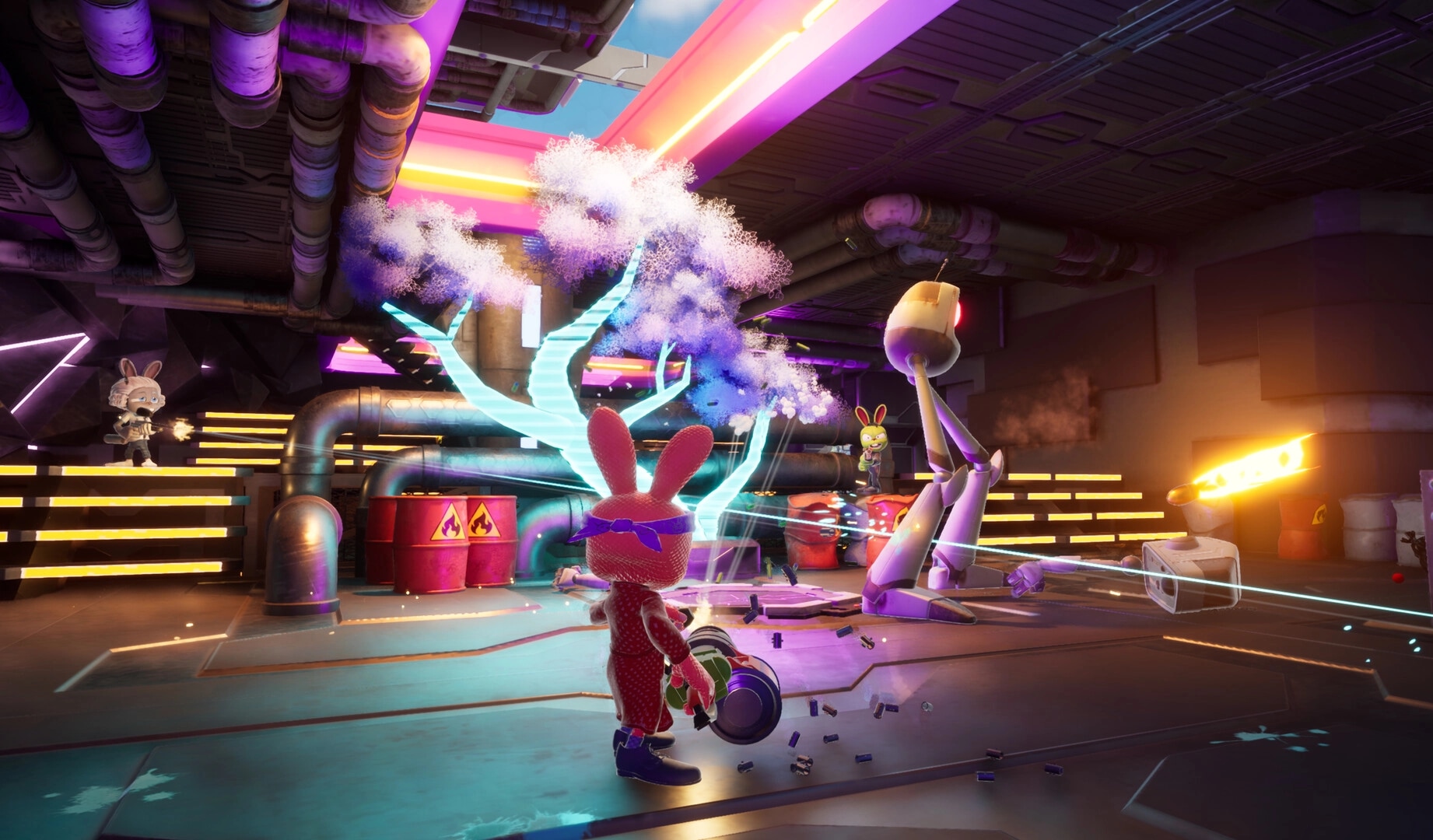 My Pet Hooligan: Bunny rebel firing at a tripod bot in a neon-lit factory room with pipes and barrels.