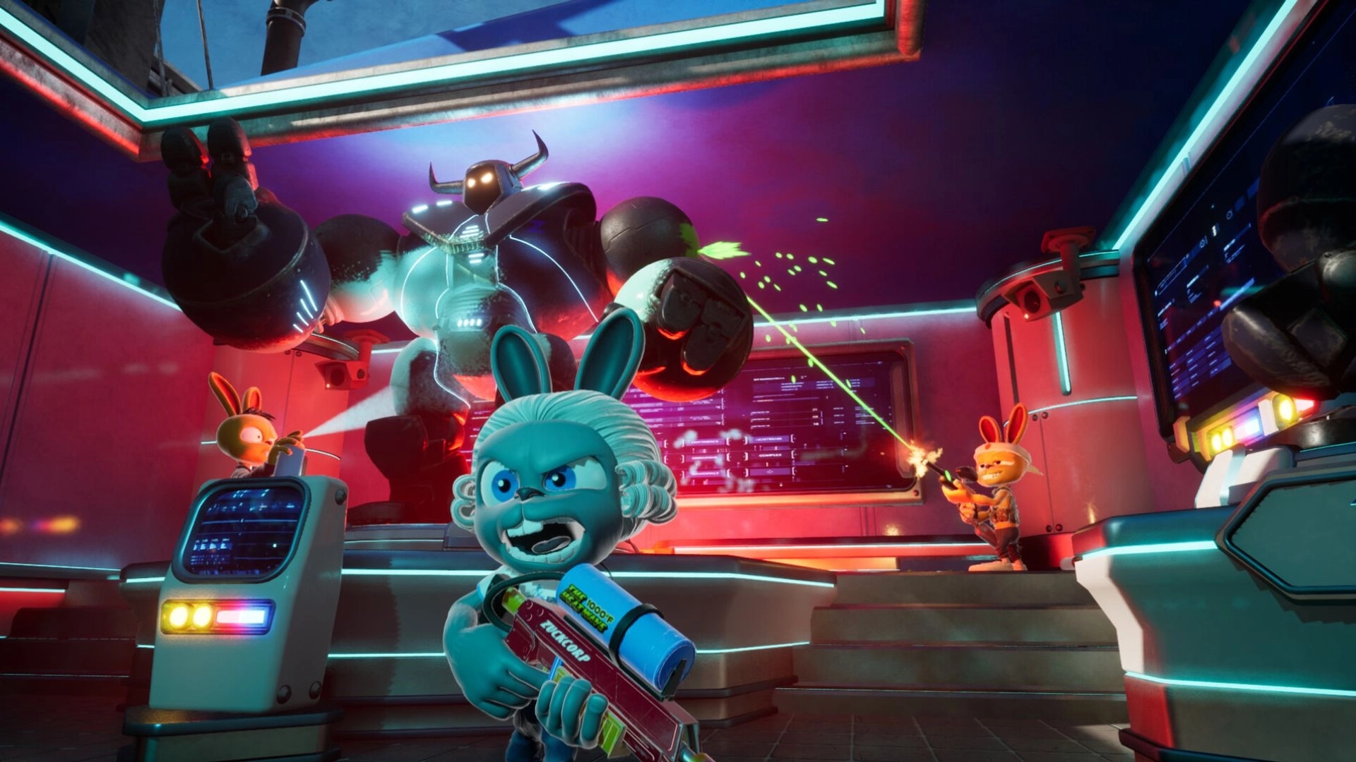 My Pet Hooligan: Bunny rebels firing at giant robot in neon lab with monitors and consoles glowing.