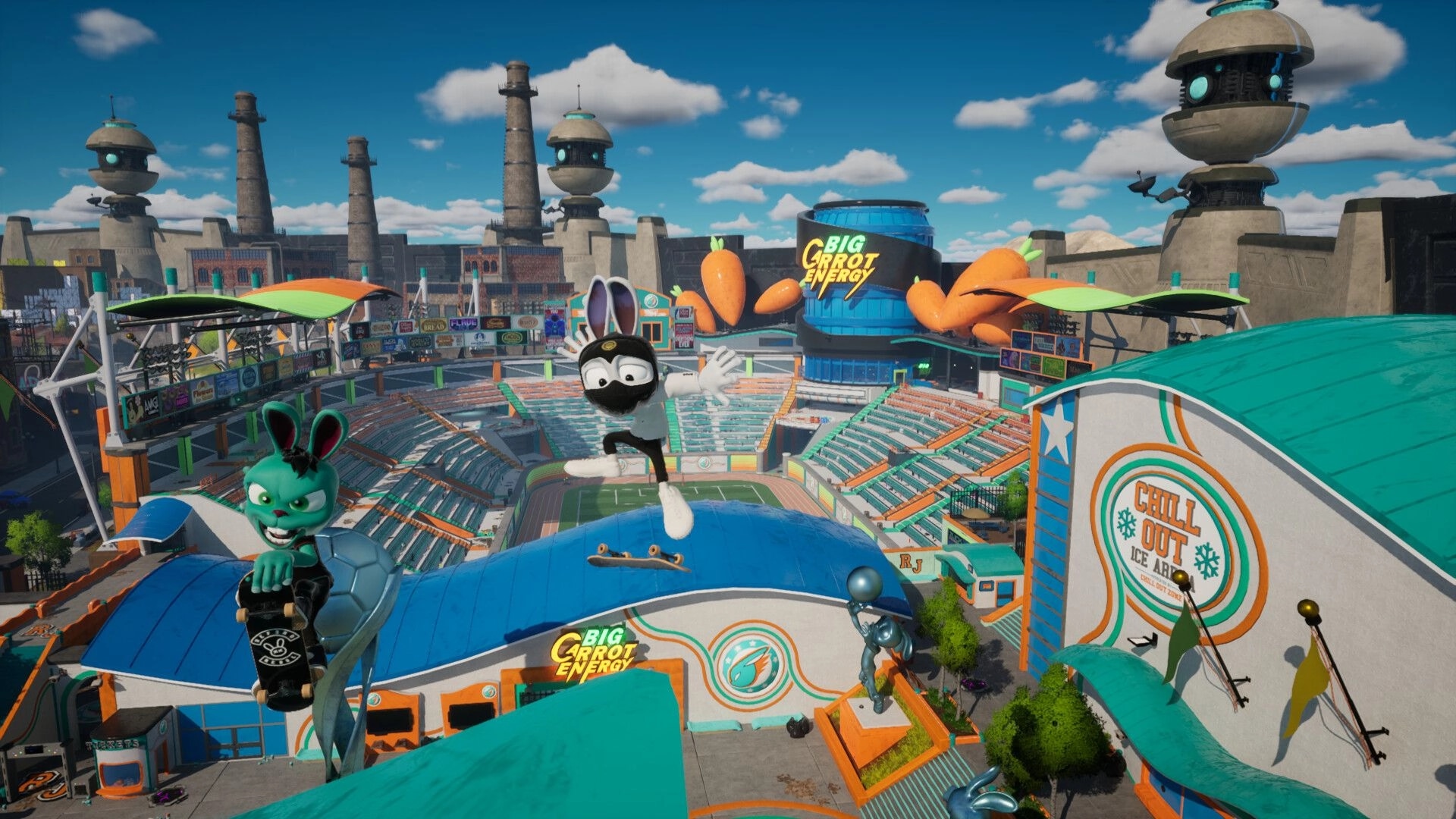 My Pet Hooligan: Two bunny rebels skate and pose atop rooftops overlooking a colorful stadium arena.