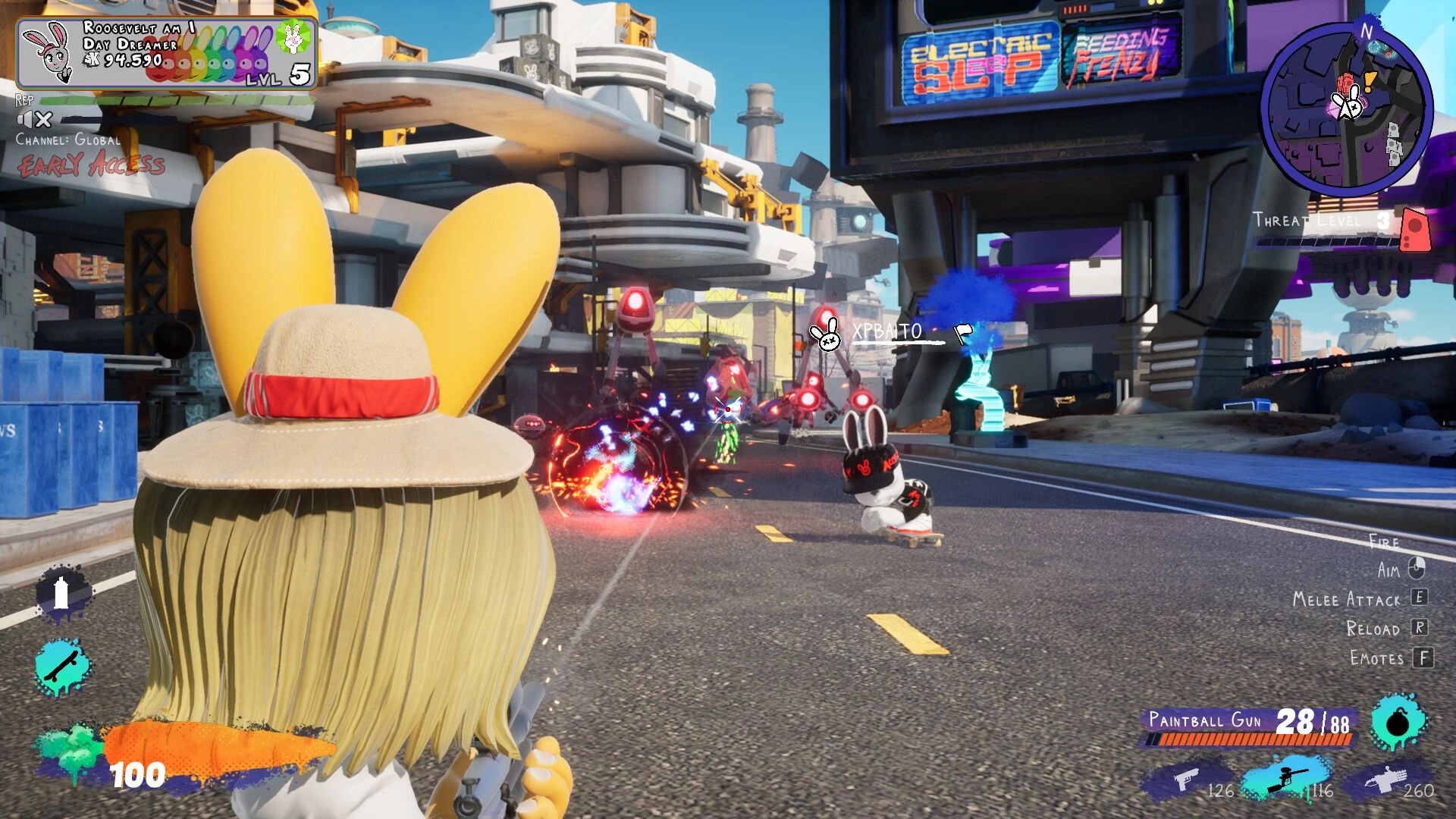 My Pet Hooligan: Bunny aiming paintball gun at red-eyed drones on a city street with minimap UI.