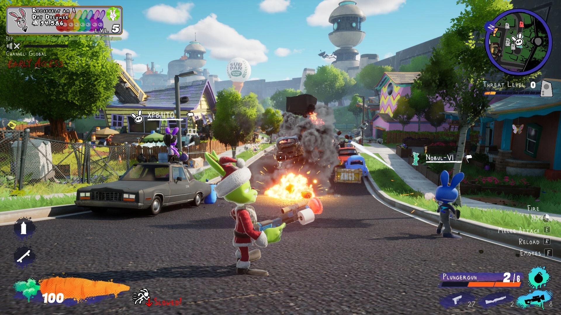 My Pet Hooligan: Bunny rebels firefight amid car explosions on suburban street, minimap and threat UI.