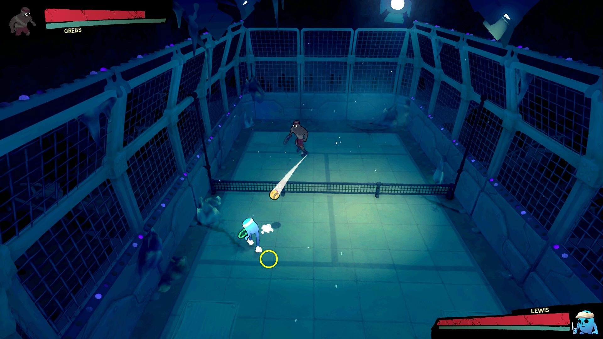 My Tennis Apocalypse: Lewis serves a glowing shot at Grebs on a caged neon court with health bars.