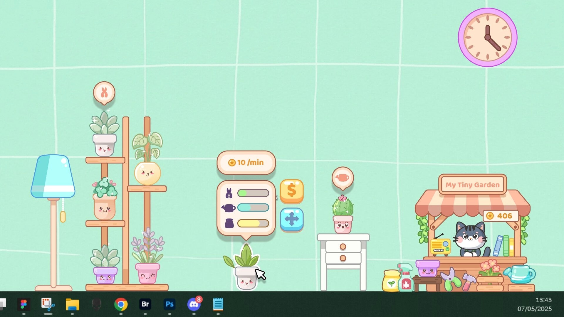 My Tiny Garden: Cute plants with UI showing growth stats and a cat shopkeeper in a cozy garden setting.