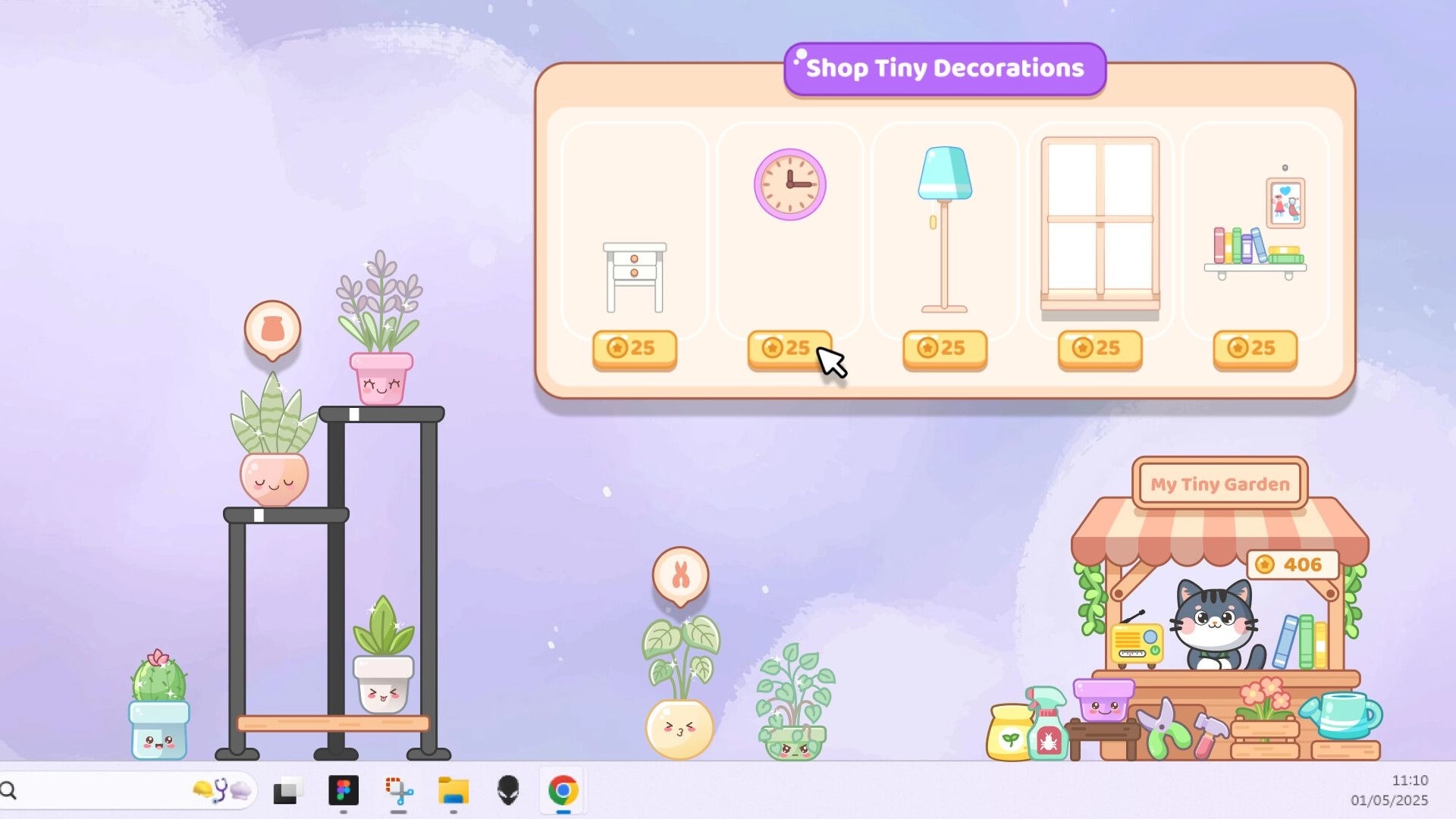 My Tiny Garden: Shop Tiny Decorations menu with cute plants and cat vendor on a cozy desktop background