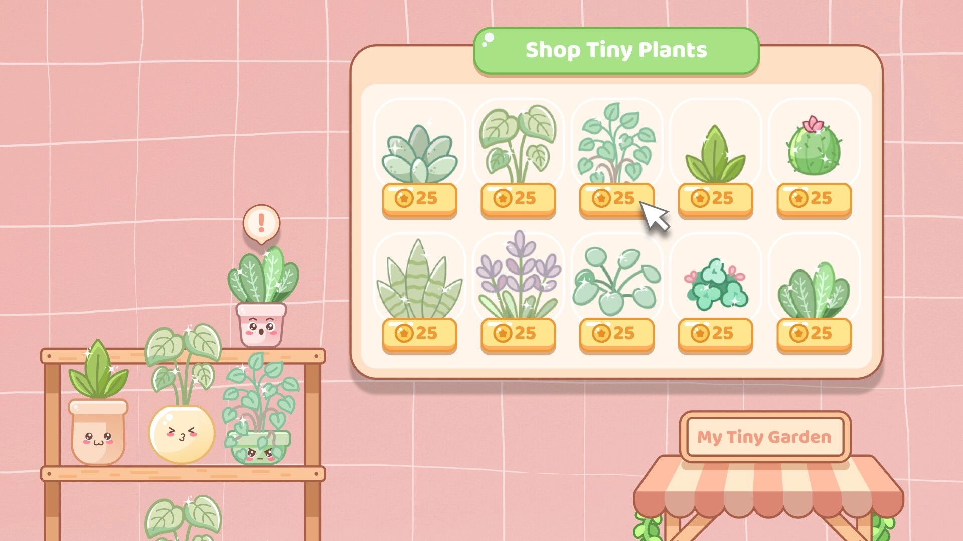 My Tiny Garden: Shop interface with various plants available for 25 coins each on a pink grid background.