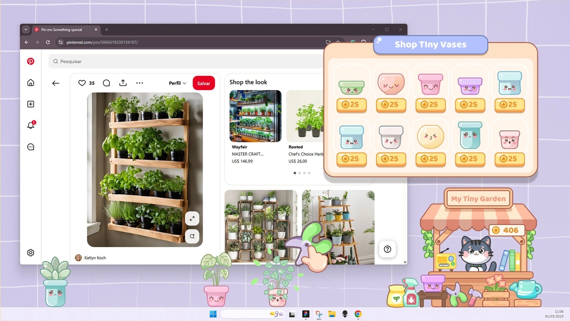 My Tiny Garden: Shop Tiny Vases menu open with cute pots, coins displayed in cozy desktop environment