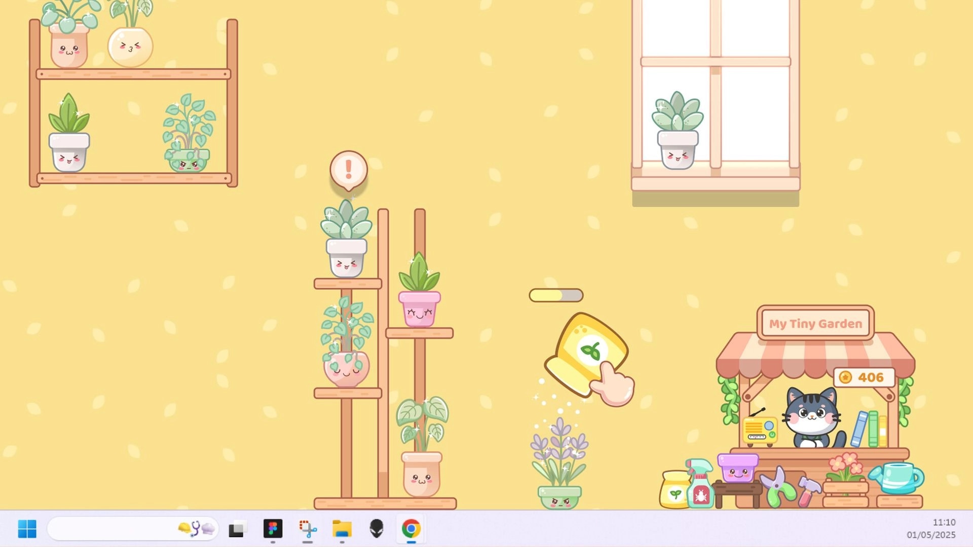 My Tiny Garden: Watering plants and earning coins in a cozy indoor garden setting with a cat vendor.