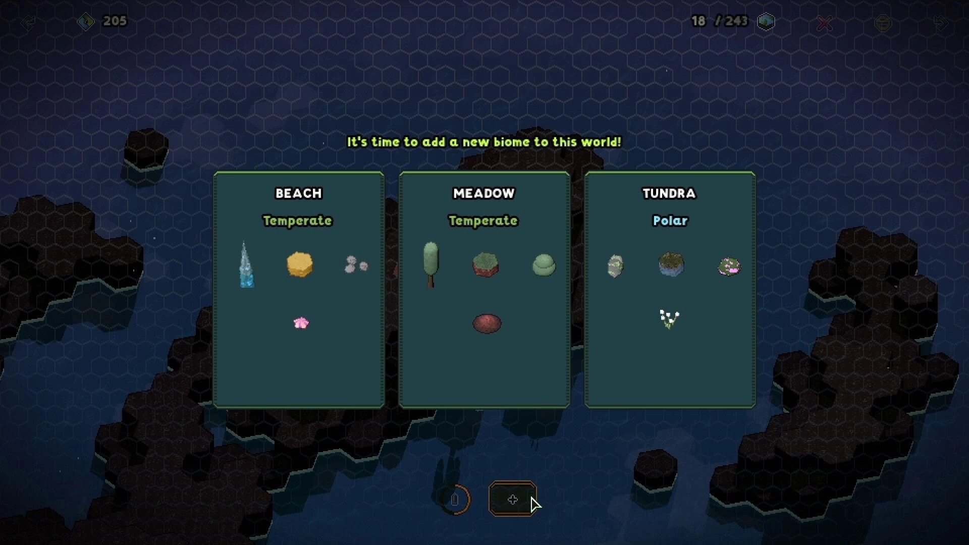 My Tiny Landscape: Biome selection interface with options for Beach, Meadow, and Tundra environments
