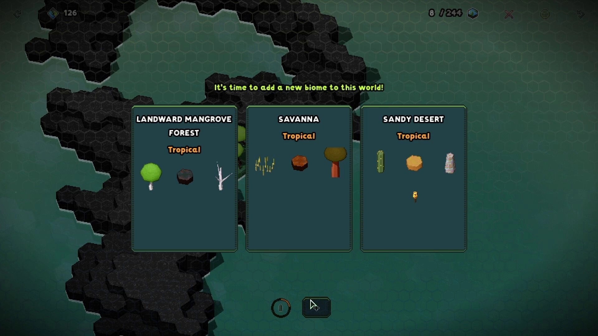 My Tiny Landscape: Biome selection screen displaying Landward Mangrove Forest, Savanna, Sandy Desert