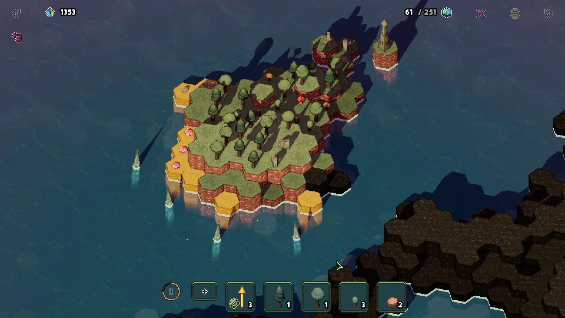 My Tiny Landscape: Hexagonal island with trees and rocks surrounded by water, interface icons below