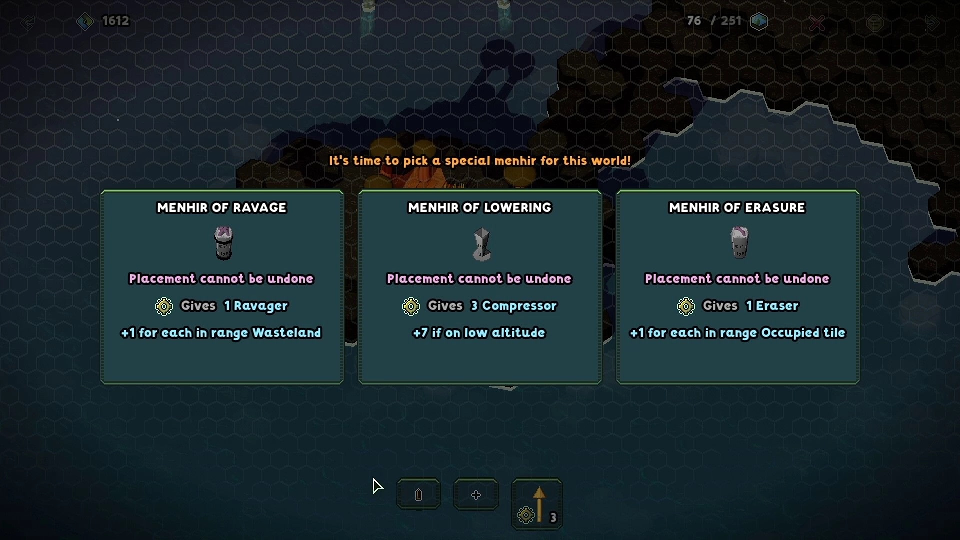 My Tiny Landscape: Menhir selection interface with options for Ravage, Lowering, and Erasure visible