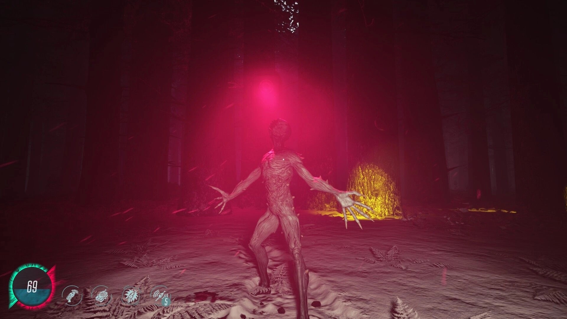 Mycelium: Creature stands in glowing red light in dark forest with UI icons visible at bottom left