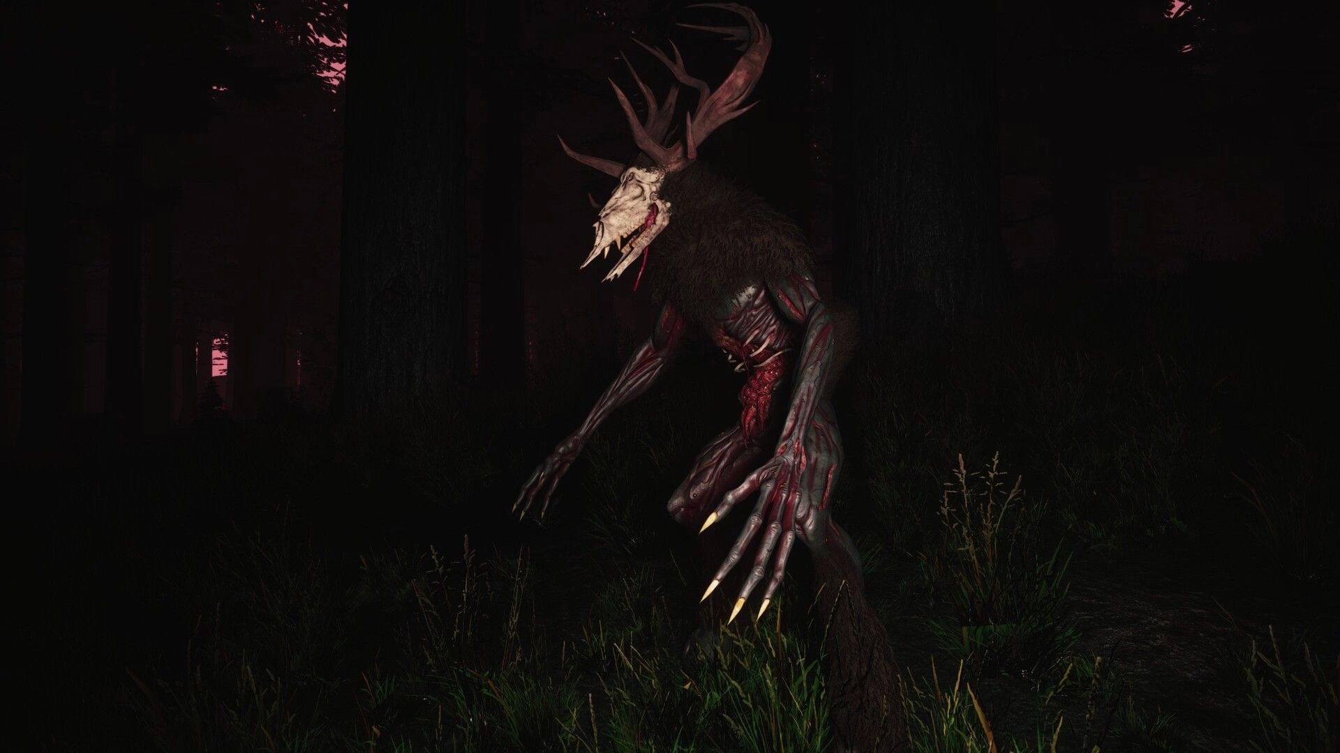 Mycelium: Creature with antlered skull mask lurking in a dim, eerie forest setting at dusk.