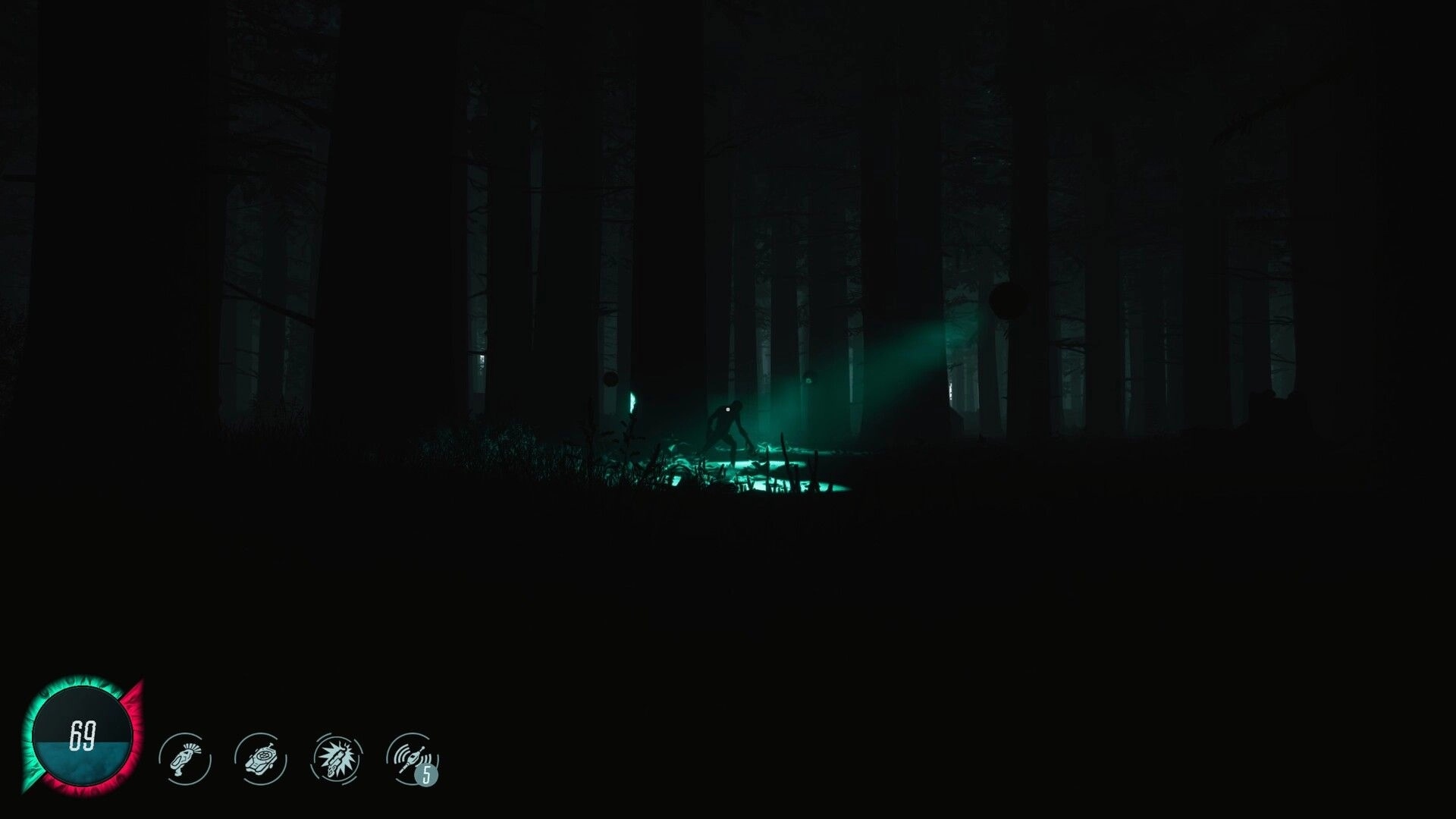 Mycelium: Silhouette of a figure crouching in a dimly lit forest with glowing blue light and HUD icons