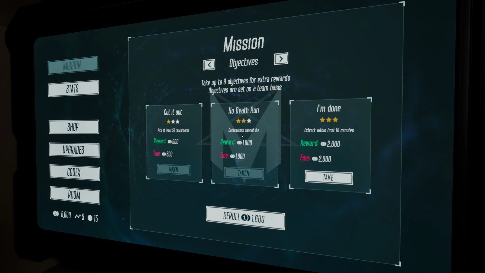 Mycelium: Mission objectives screen with options for rewards and fines in a dark-themed interface.