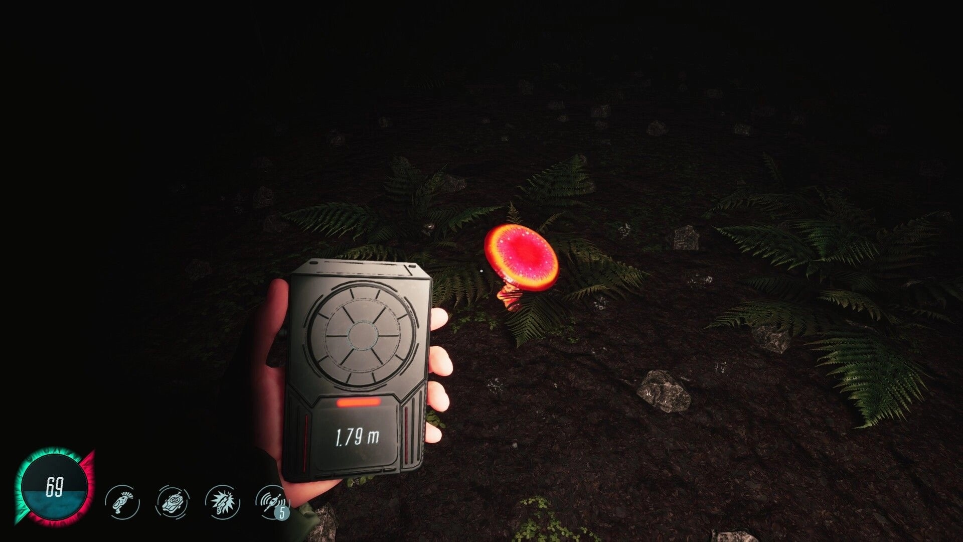 Mycelium: Player holds a scanner near glowing mushroom in a dark forest with UI elements displayed