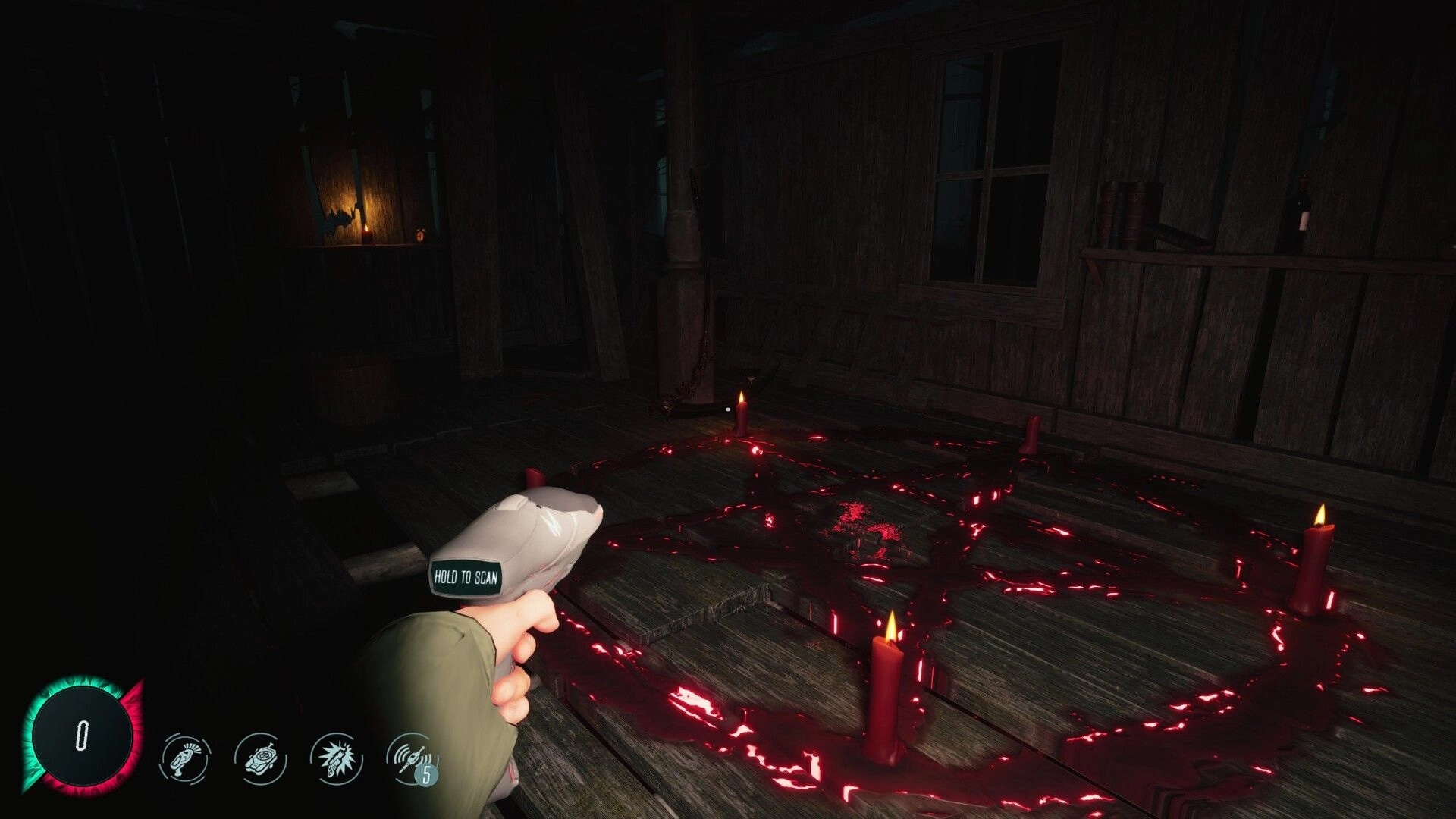 Mycelium: Player scans glowing symbol surrounded by red candles in a dimly lit wooden cabin.