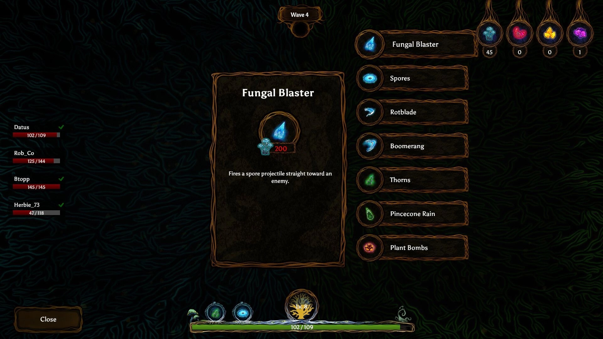 Mycofall: Ability selection screen showing Fungal Blaster details and player health bars during Wave 4.