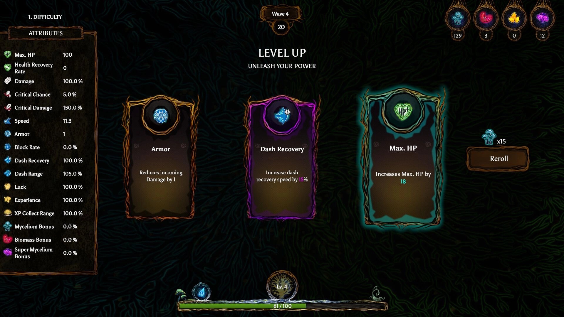 Mycofall: Level up screen with attribute options for Armor, Dash Recovery, and Max HP in wave 4.
