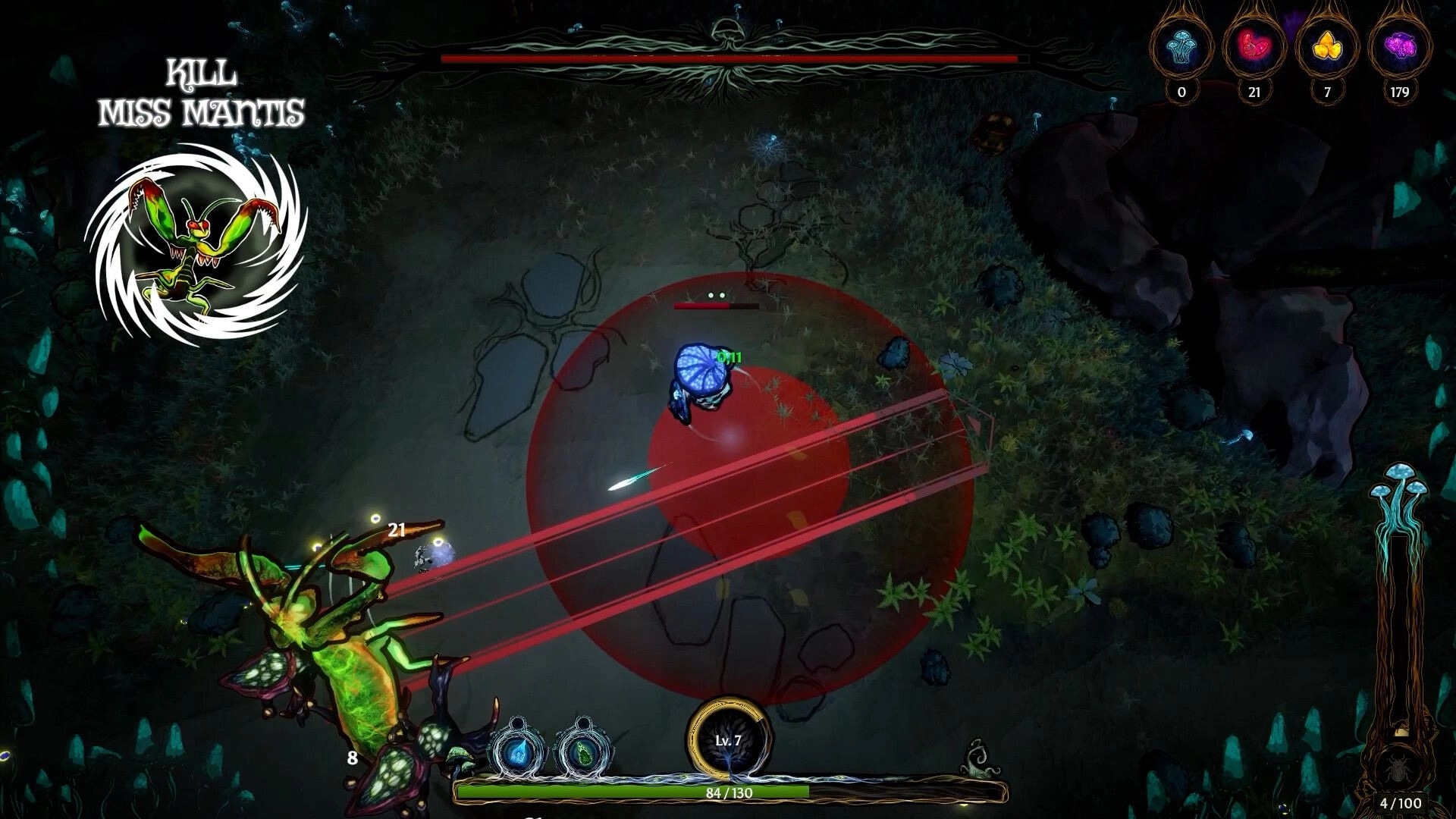 Mycofall: Player mushroom character battles Miss Mantis in forest with health bar and ability icons visible.