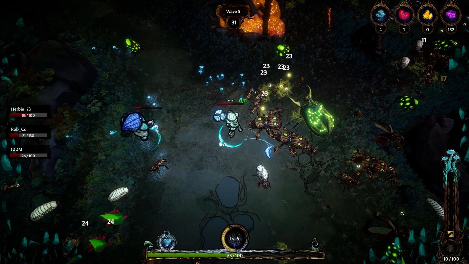 Mycofall: Players battle glowing insects in a dark forest, showing health bars and ability icons.