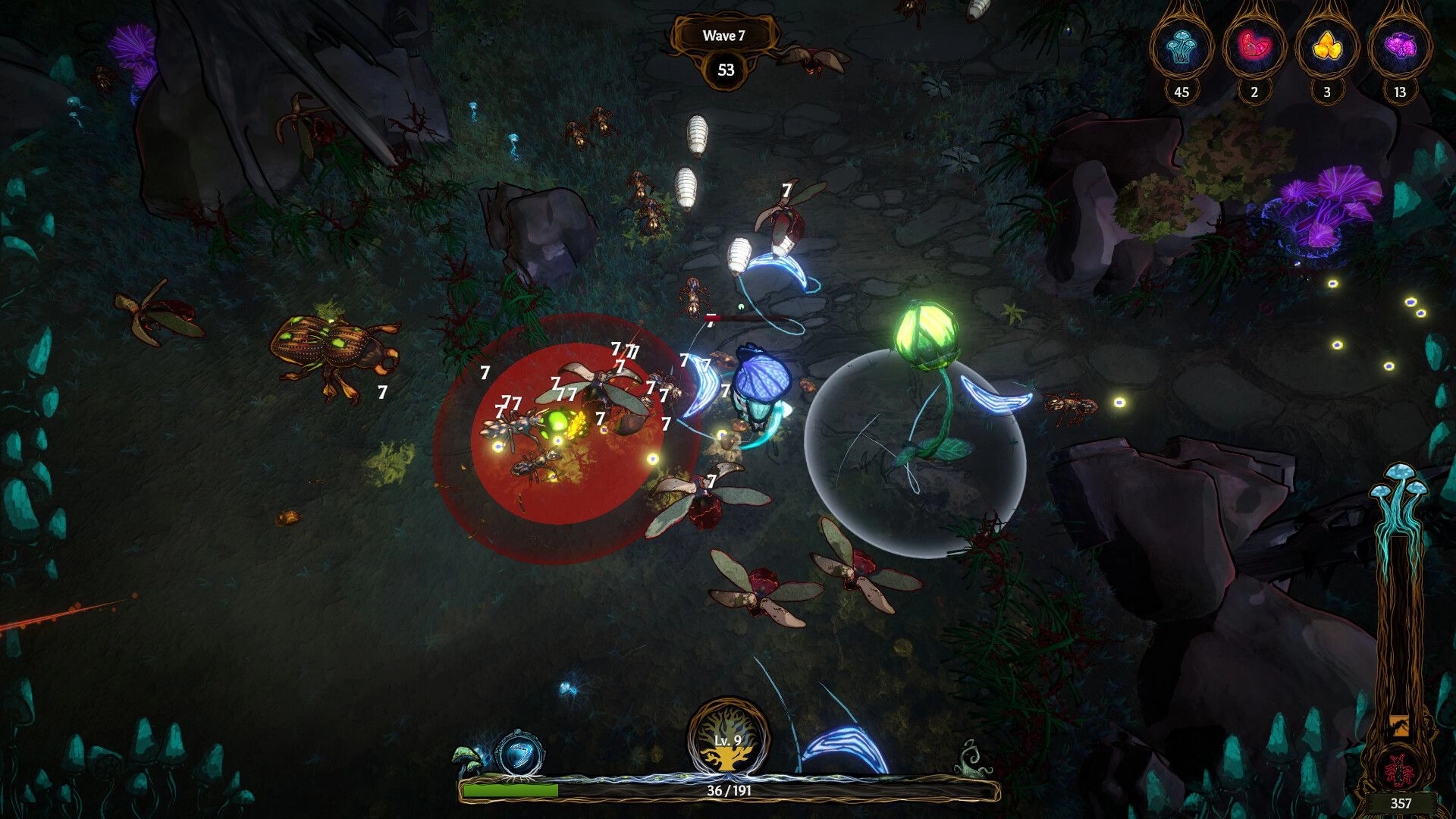 Mycofall: Living mushroom battles insects with nature abilities in a dark forest during wave 7.