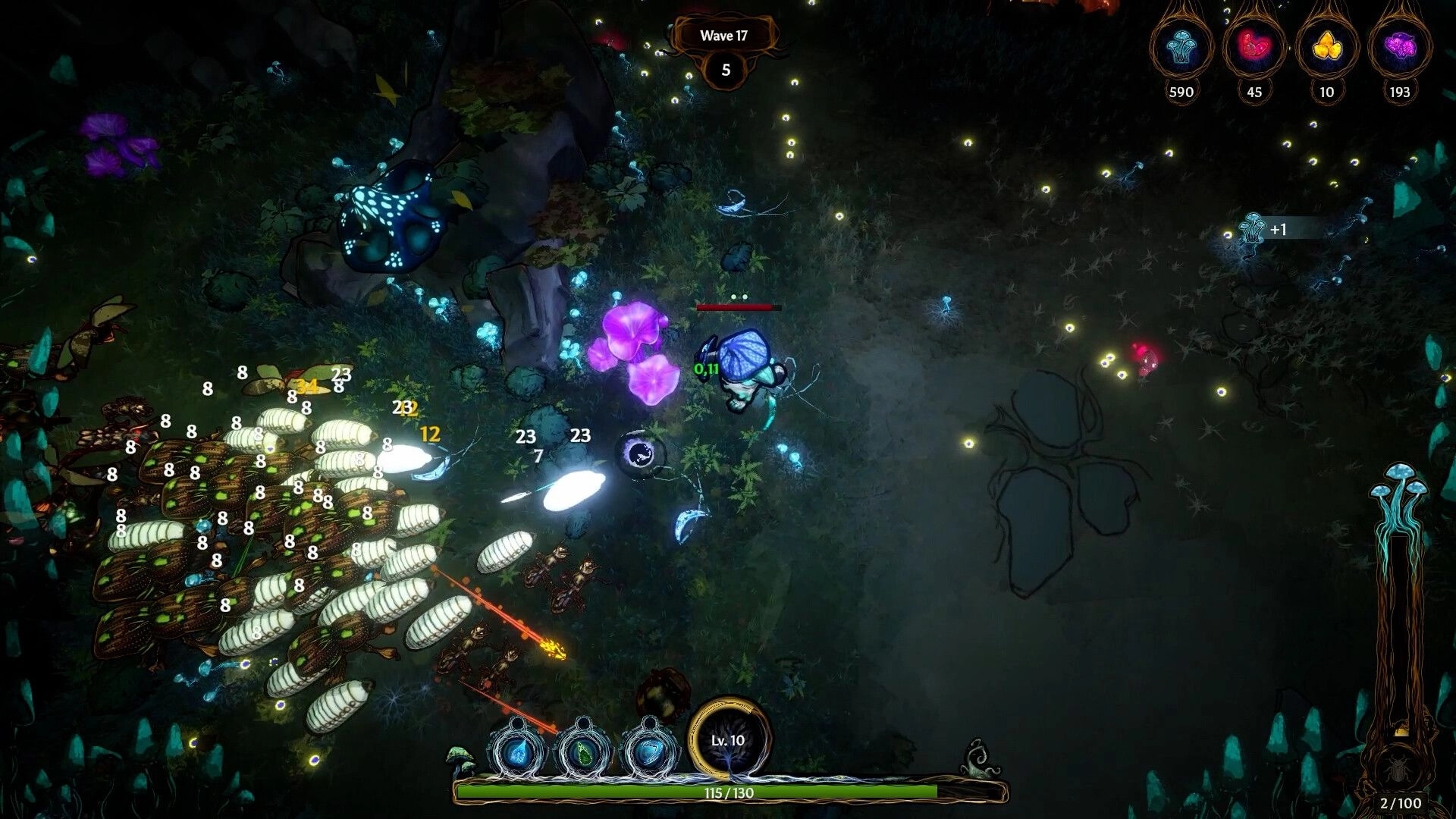 Mycofall: Living mushroom fights insect wave in forest with glowing purple flora and health bar HUD