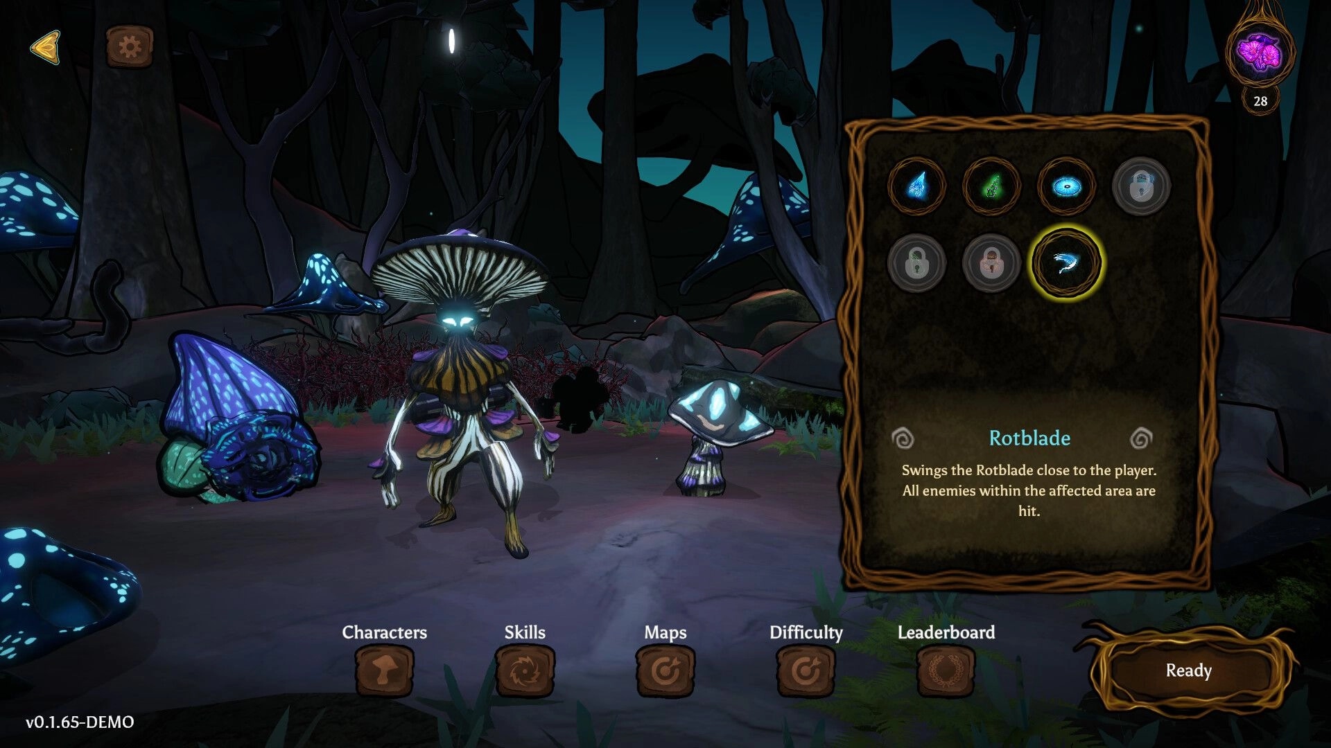 Mycofall: Mushroom character selection with skill menu in a mystical forest setting at night