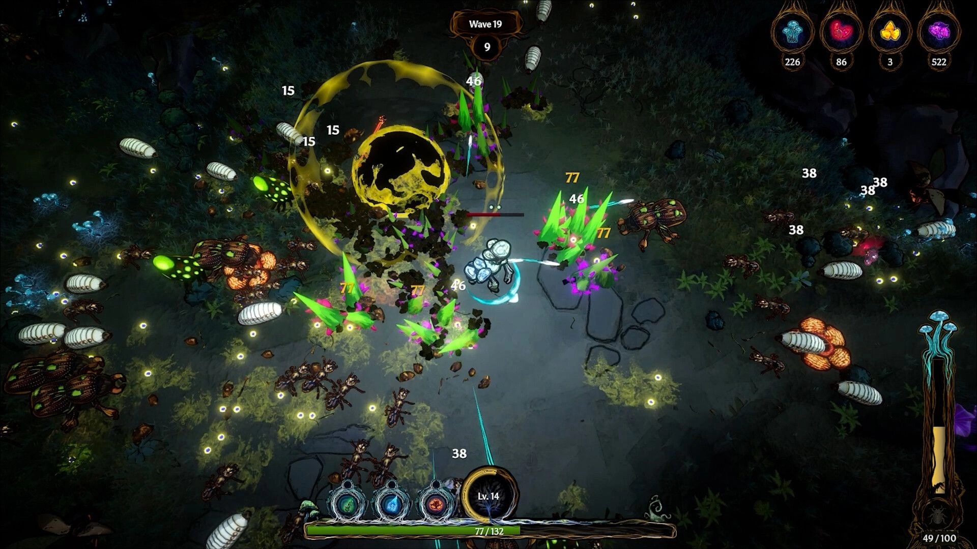 Mycofall: Living mushroom battles insects in forest clearing with health bar and ability icons visible