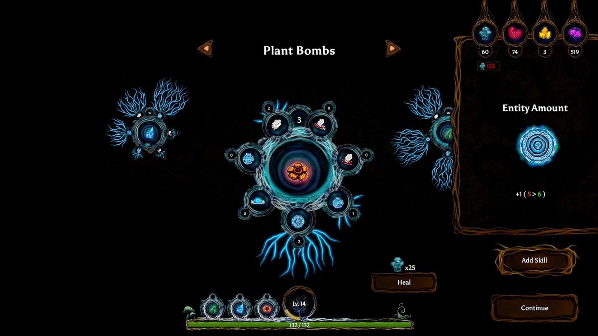 Mycofall: Skill upgrade menu with plant bombs and entity stats in a dark mystical interface