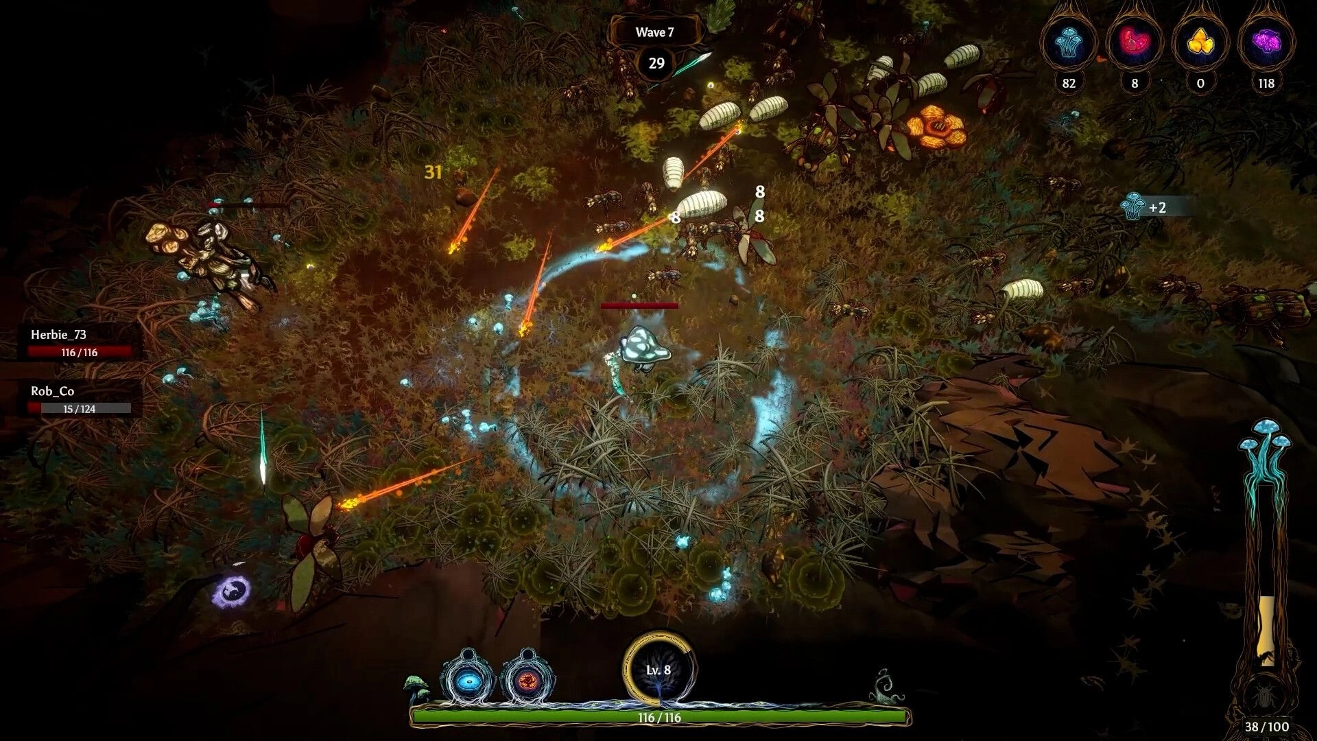Mycofall: Mushroom character battles insects in dense forest, health bars and abilities on screen