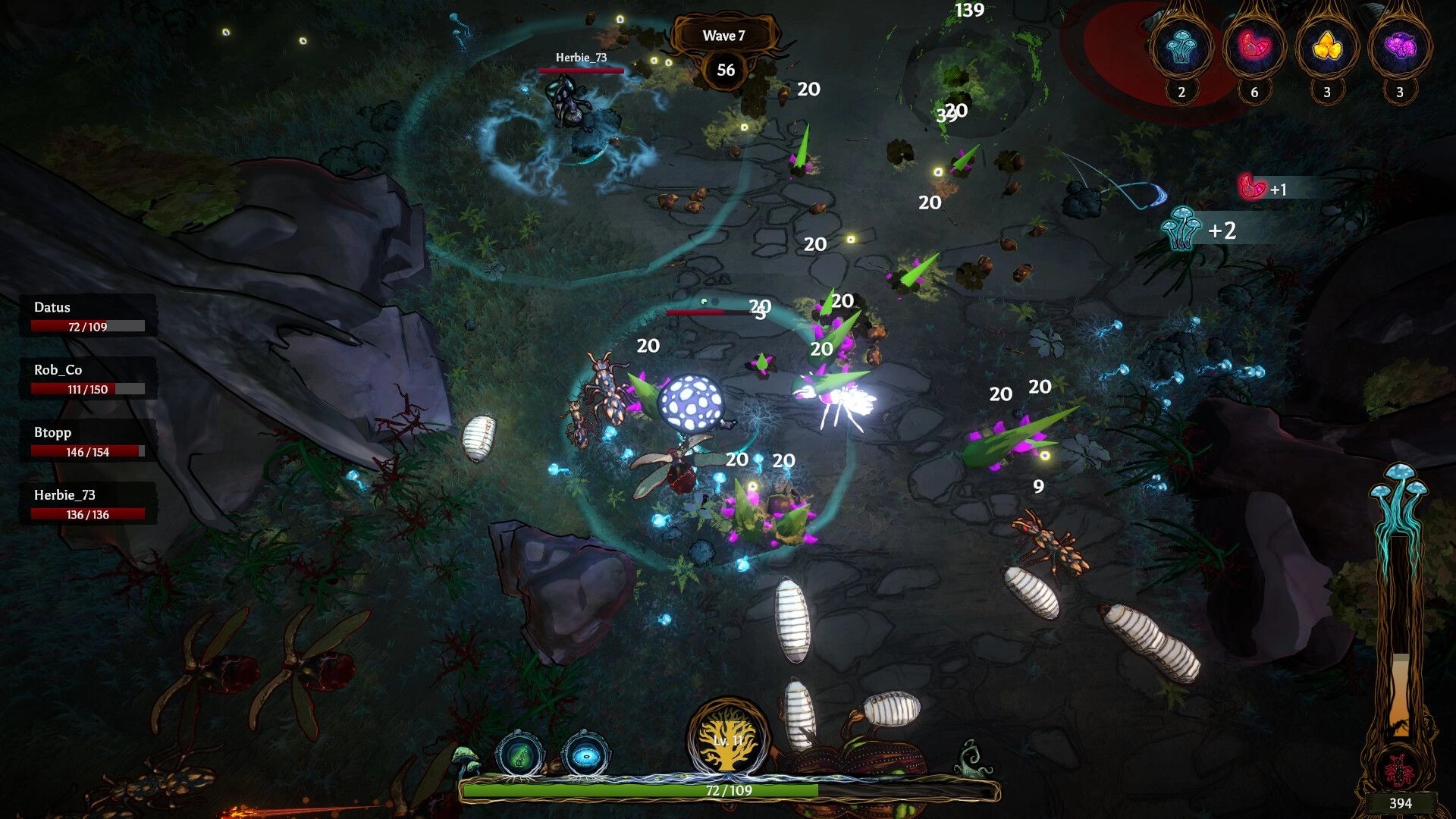 Mycofall: Player mushroom battles insects using nature abilities in a forest with co-op health bars shown.