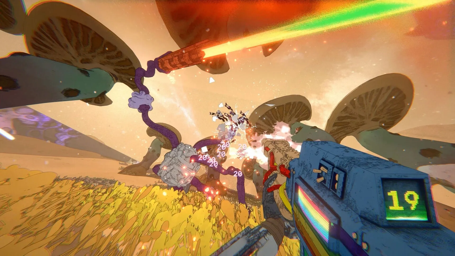 Mycopunk: Player shoots colorful beam at giant mushrooms in alien landscape with weapon HUD visible.