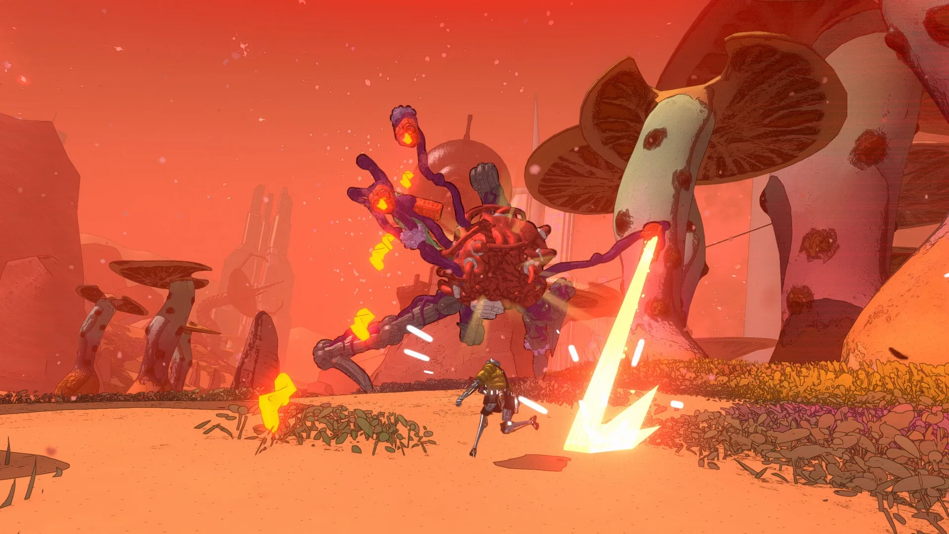 Mycopunk: Player character battling giant robotic creature in vibrant alien landscape with large mushrooms