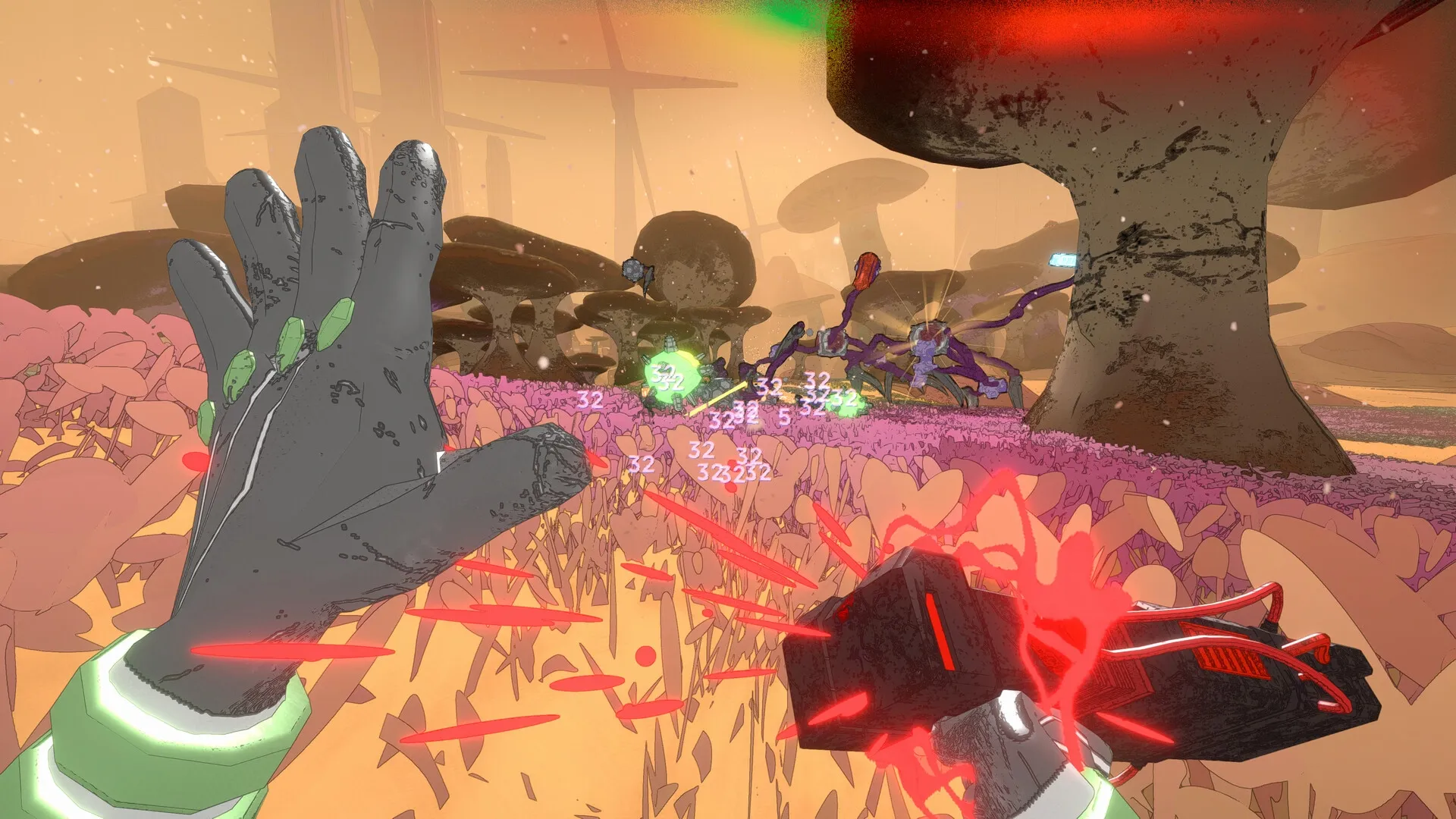Mycopunk: First-person combat with energy weapon and damage indicators in a vibrant alien fungus forest.