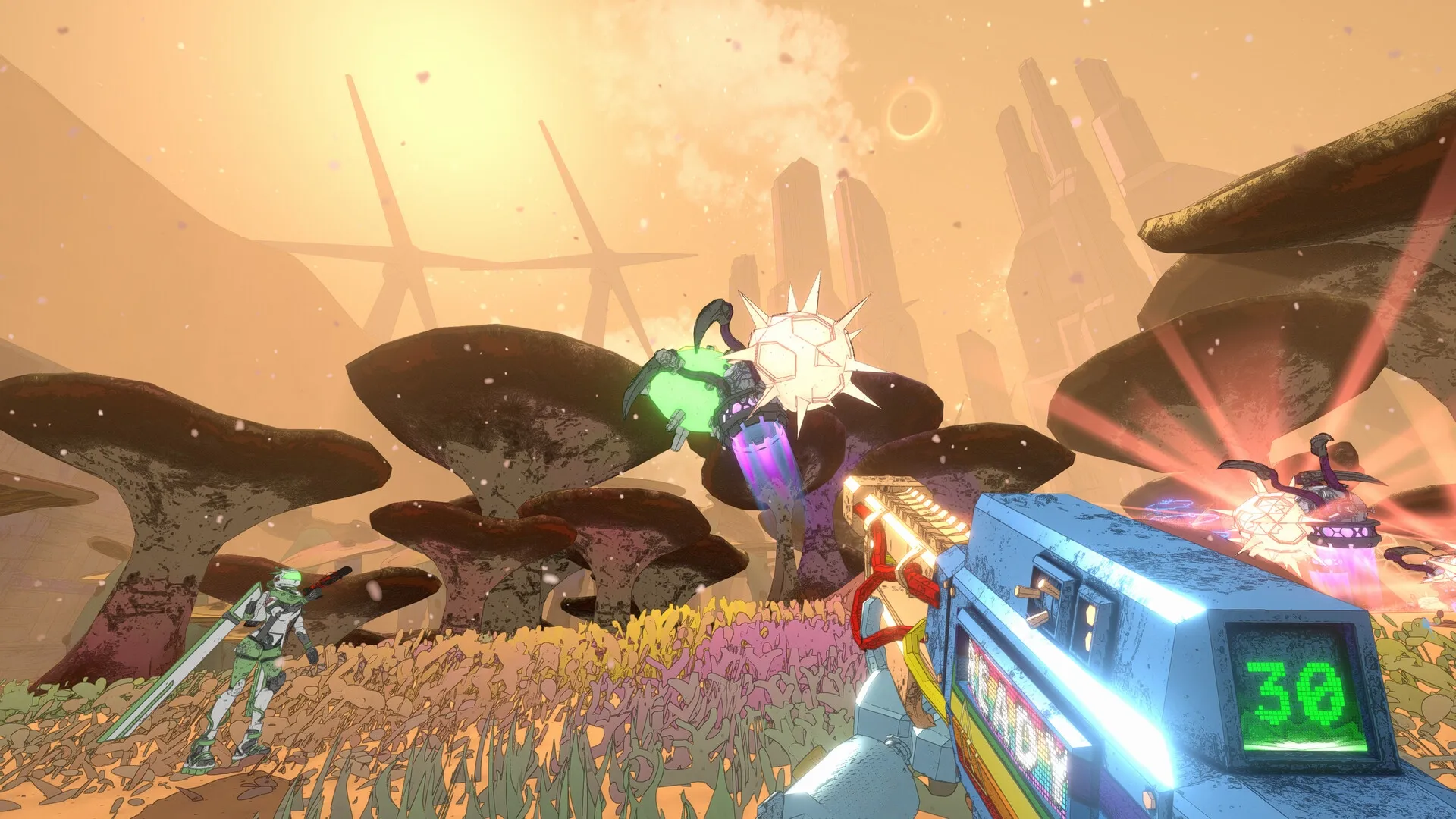 Mycopunk: First-person view shooting glowing drones in a landscape of giant mushrooms and distant spires.