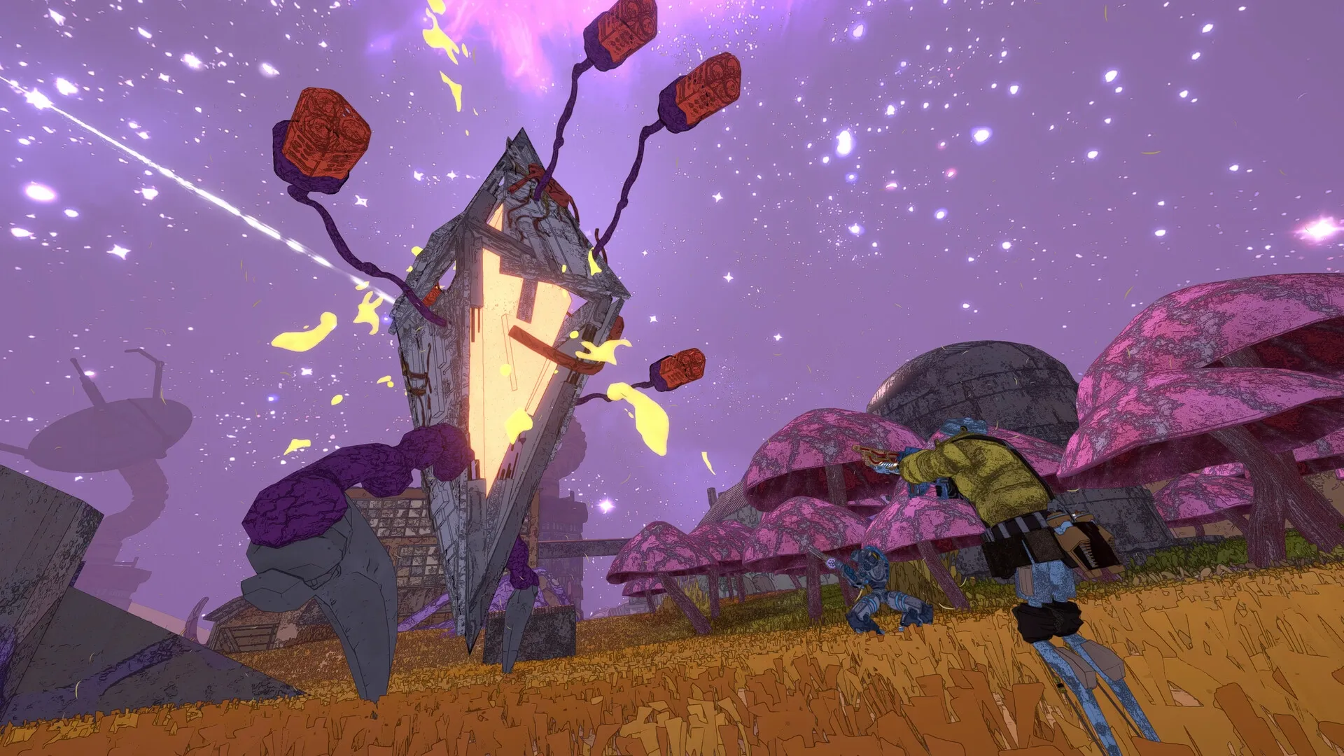 Mycopunk: Robots engage a towering fungal structure in a vibrant, alien landscape with giant mushrooms.