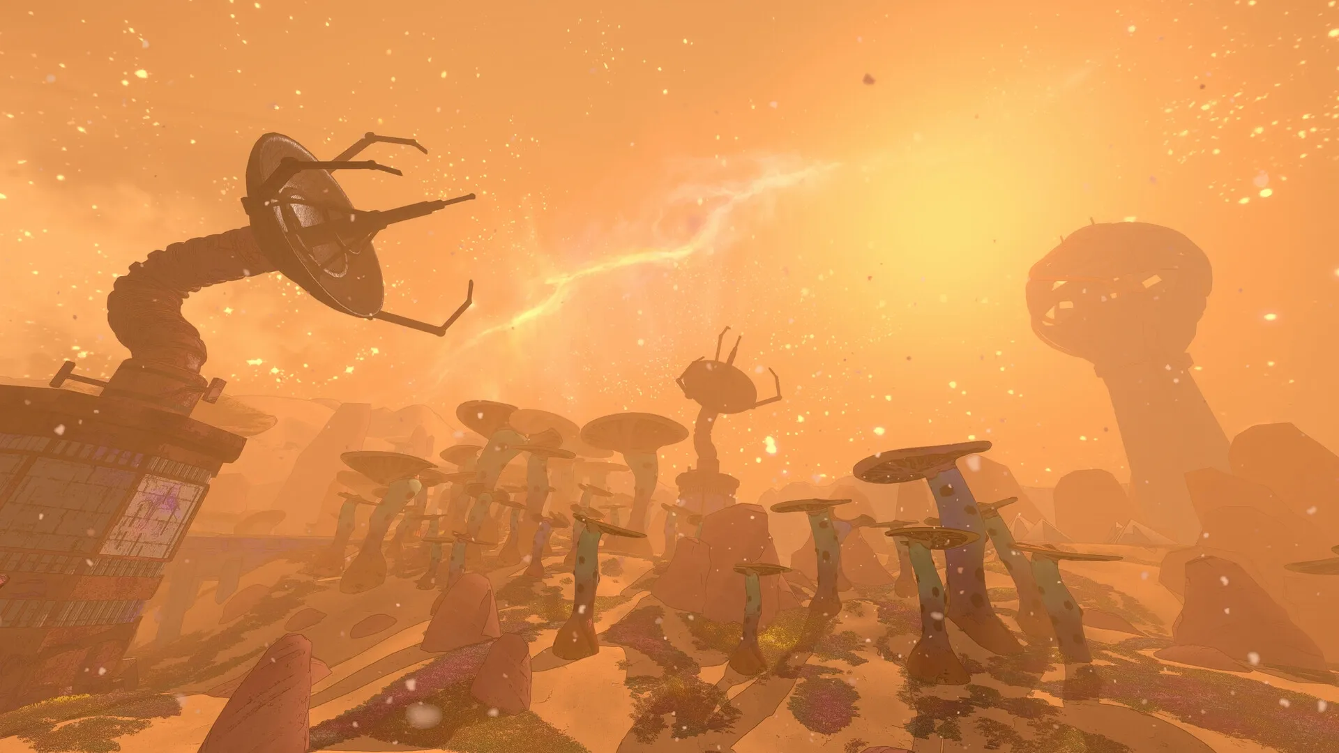 Mycopunk: Futuristic landscape with giant mushrooms and satellite dishes under a glowing orange sky