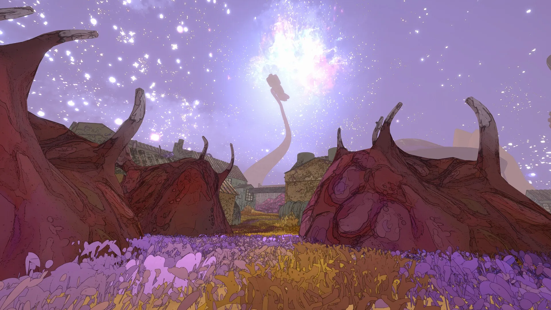 Mycopunk: Vibrant alien landscape with towering fungi and a bright cosmic sky in the background.