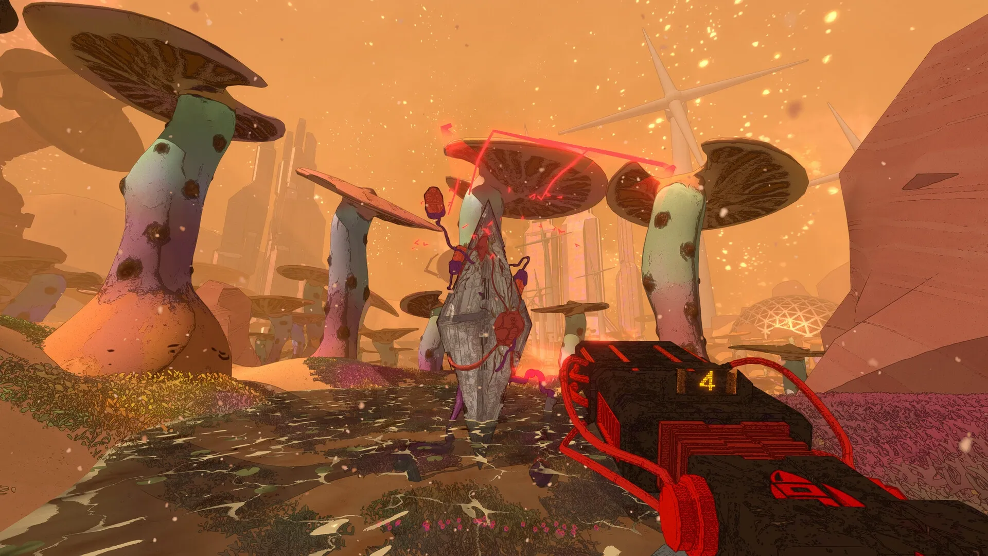 Mycopunk: First-person view with weapon in hand, surrounded by giant colorful mushrooms in alien terrain.
