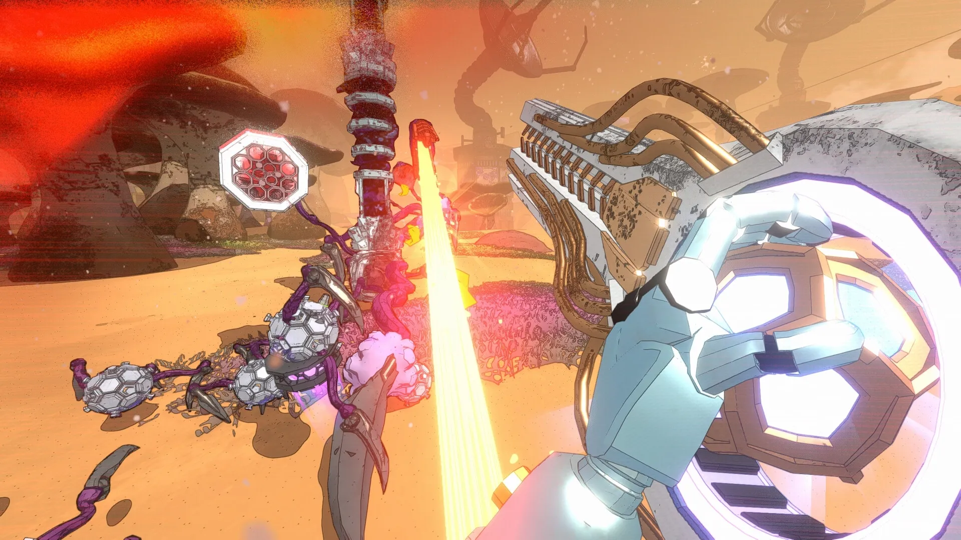 Mycopunk: Player fires energy beam at mechanical fungi in alien desert with towering mushroom structures