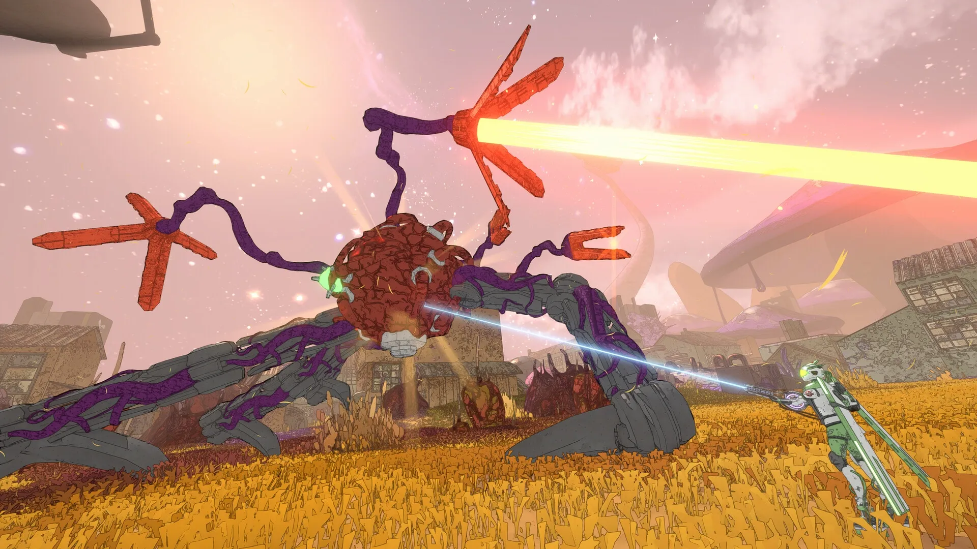 Mycopunk: Robot character battles giant fungal creature in a vibrant alien landscape with laser beams