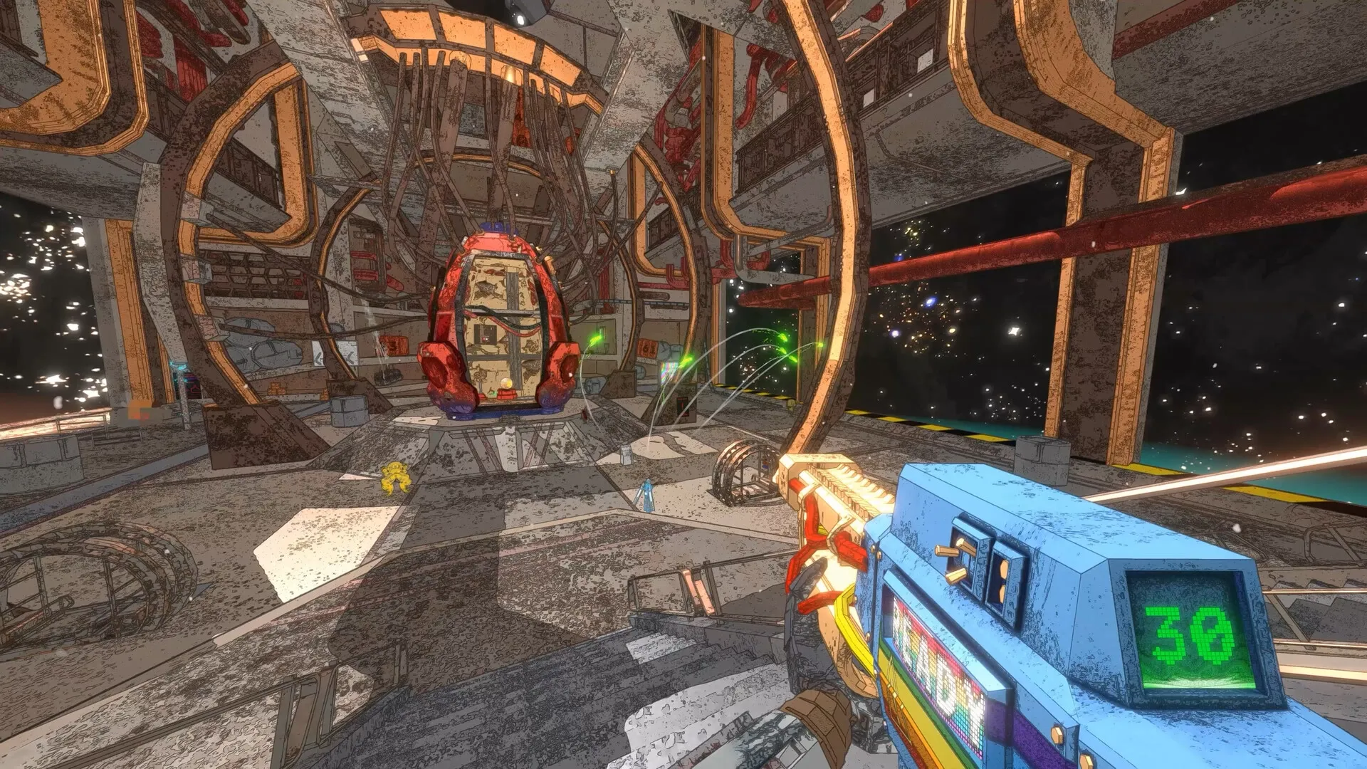 Mycopunk: Player aiming futuristic weapon in a space station with glowing green targets and cosmic view