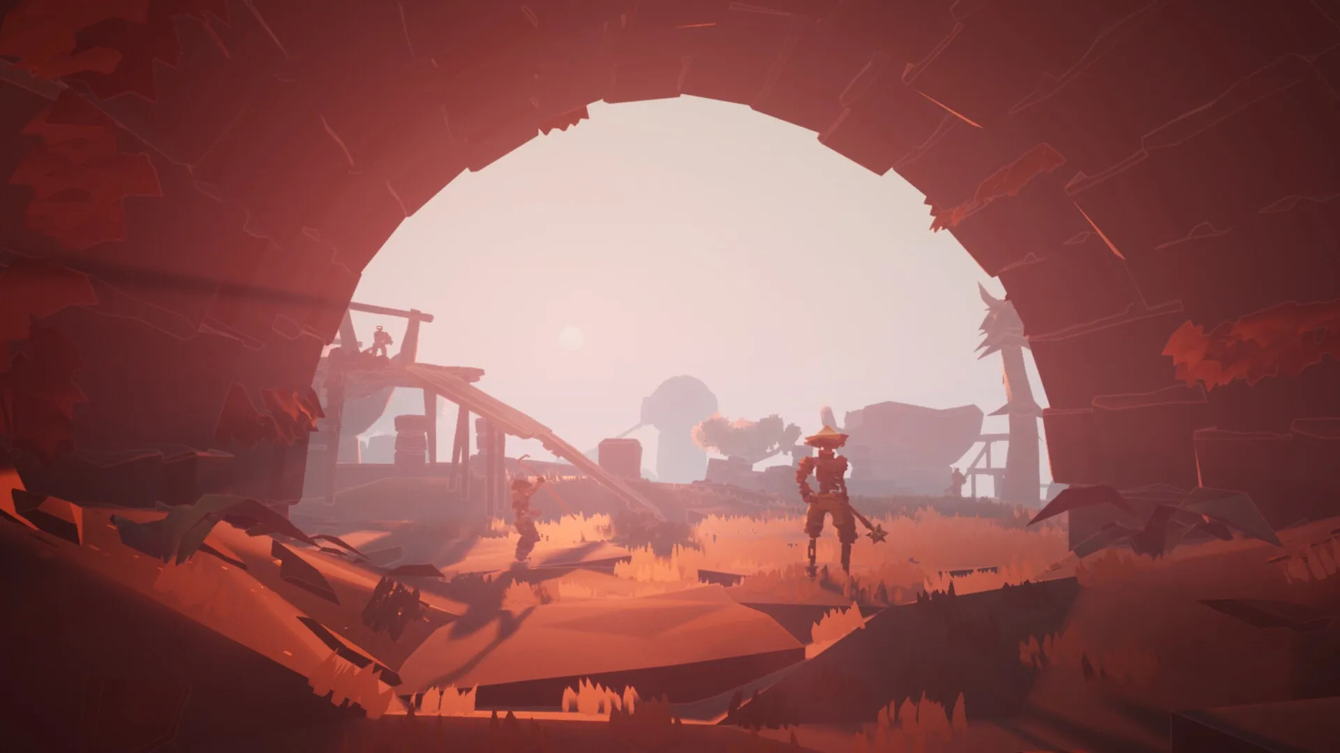 MycoRelic: Two mushroom robots explore a sunlit valley beneath a massive stone archway