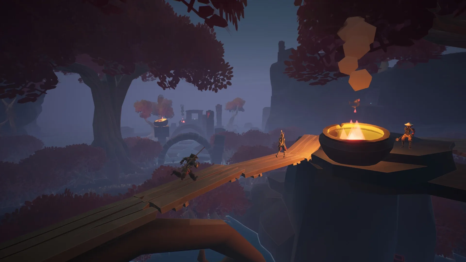 MycoRelic: Two characters cross a wooden bridge in a forested valley with glowing torches and mist.
